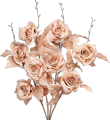 Diancom Flores artificiales, 4 unidades, color marrón café, rosas de seda falsas con tallos de aspecto real, flores de otoño a granel para ramos de