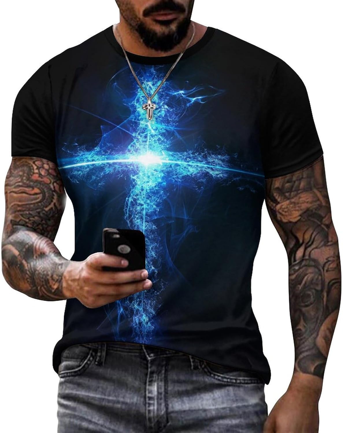 MARSVOVO Men's Vintage Oil Painting Faith Jesus Cross Print Casual T-Shirts Christ Crewneck Short Sleeve Shirts for Men