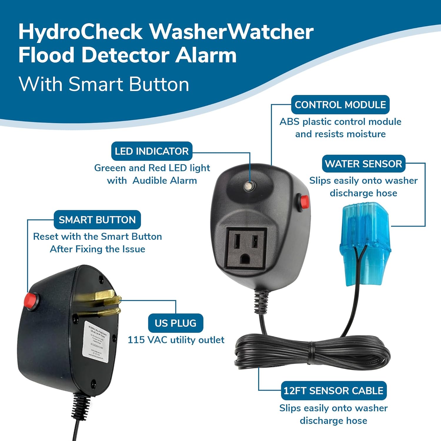 WasherWatcher Laundry Tub Overflow Protector - Water Leak Shut Off Detectors w/ LED Indicator, Alarm, Water Sensor, & More - Easy to Install Washing Machine Leak Detector for Any Drain System