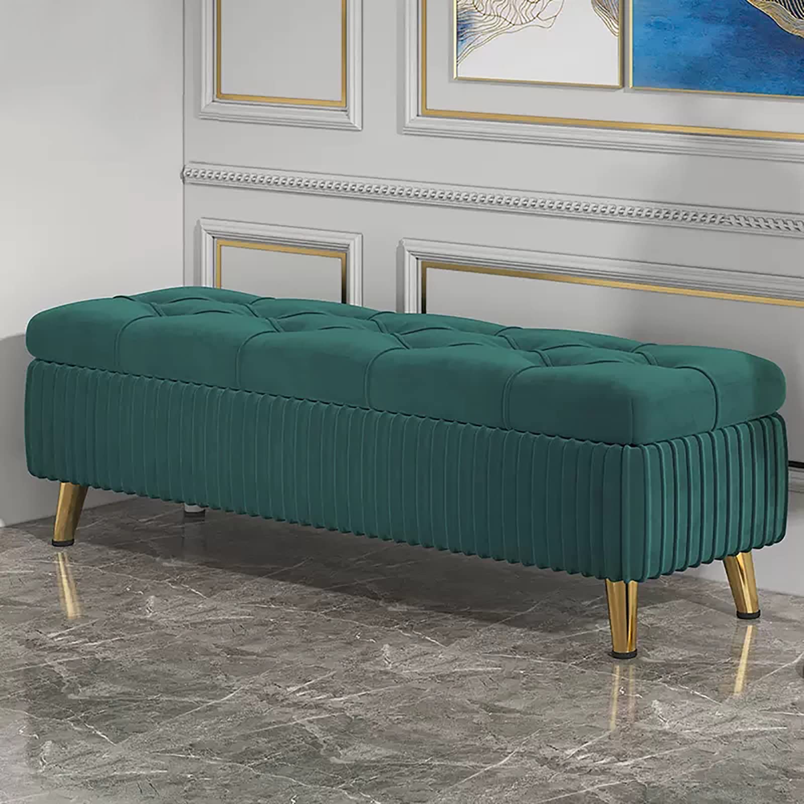 Banc ottoman de rangement velours avec étagère à chaussures gain de place
