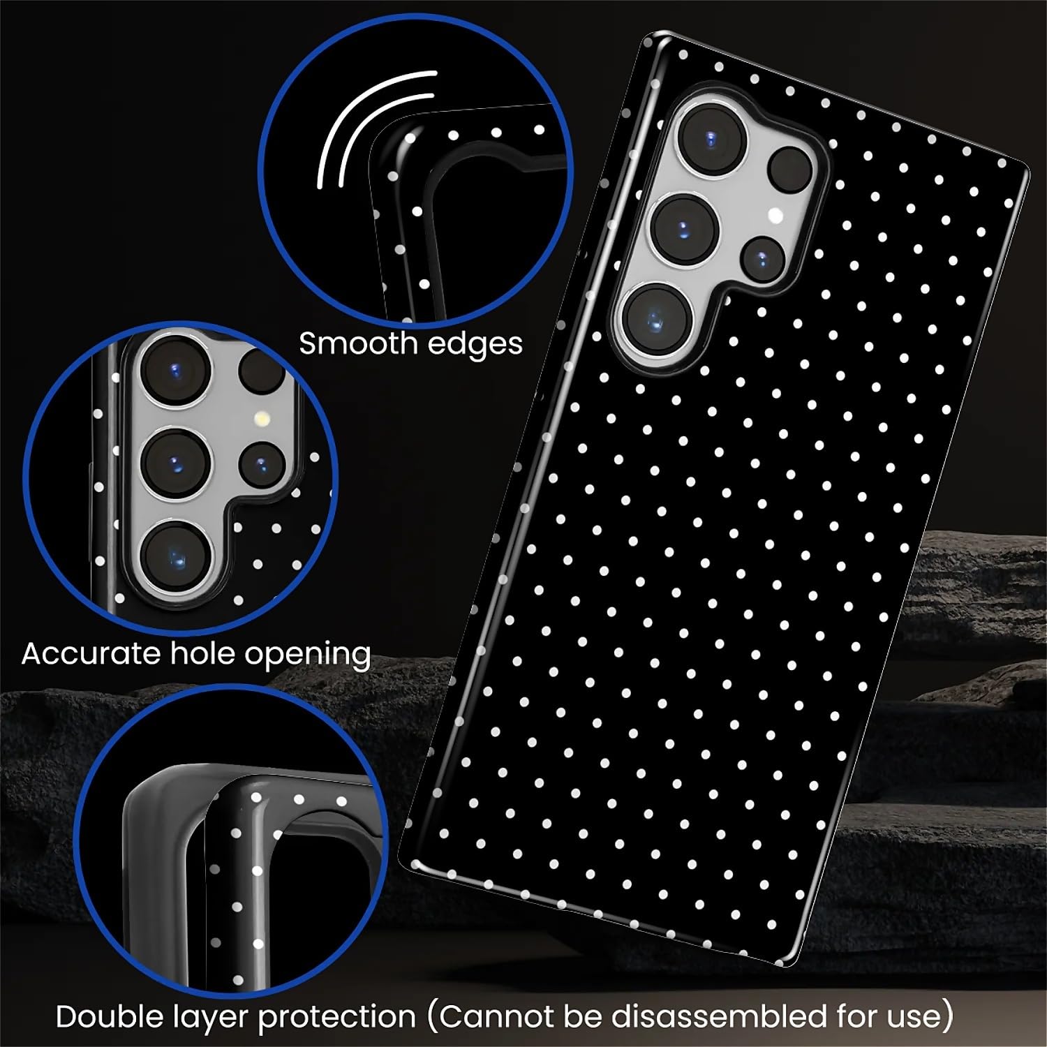 Funda híbrida resistente 2 en 1 para Samsung Galaxy S24 Ultra, resistente a los golpes, protección brillante para Samsung Galaxy S24 Ultra, diseño de lunares, color negro