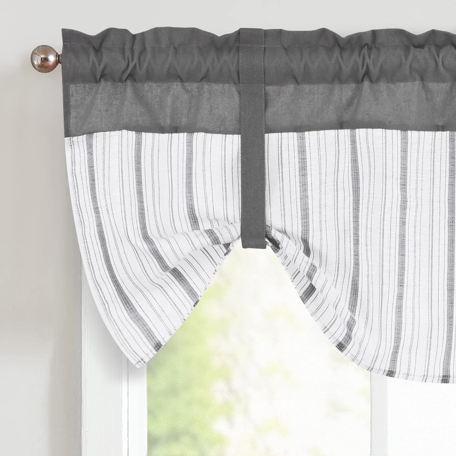 FRAMICS Tie Up Valance for Kitchen Grey Striped Kitchen Curtain 18 Inch Length Farmhouse Valance for Windows Rod Pocket Light Filtering Short Curtain
