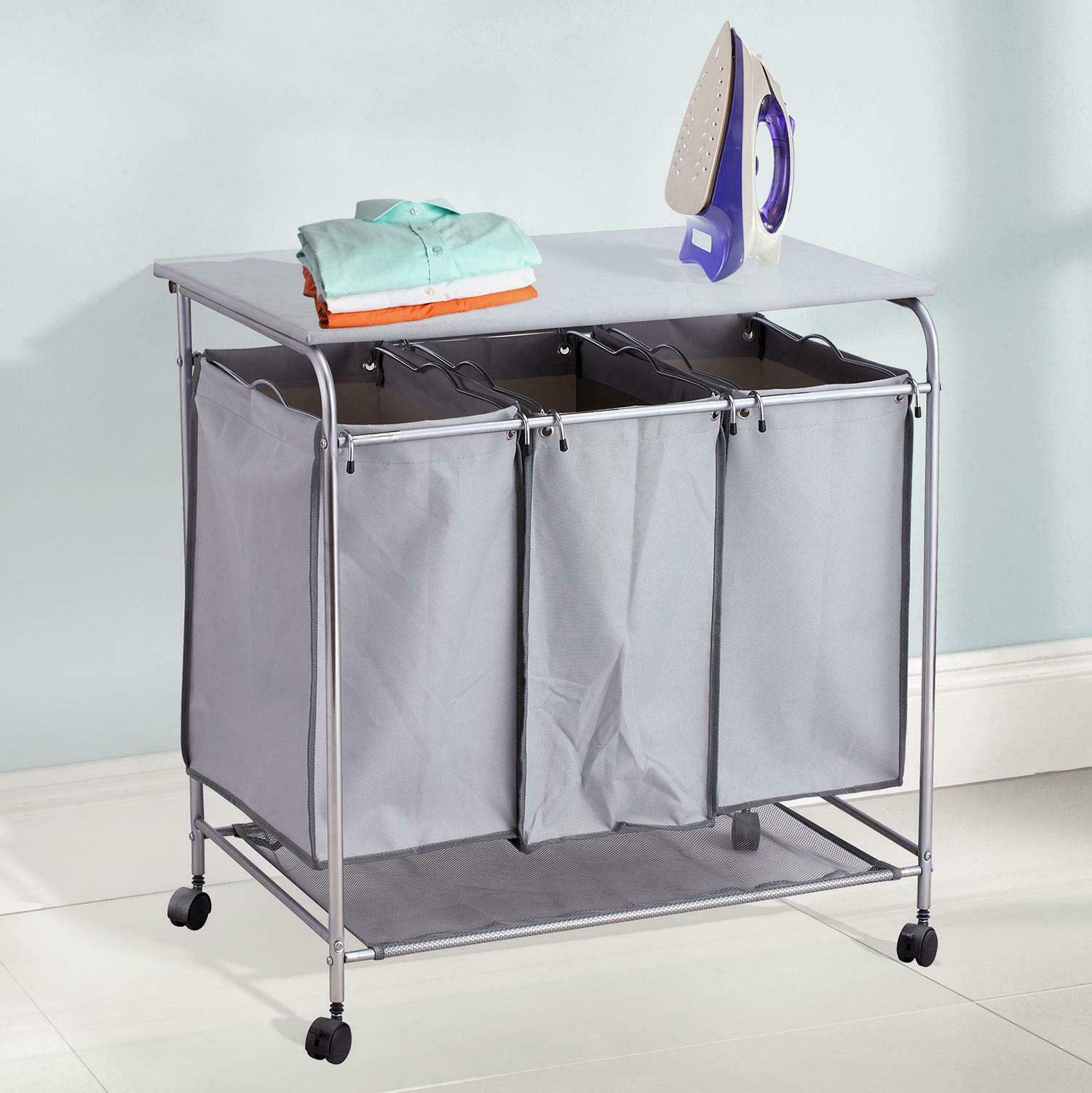 Rolling Laundry Sorter Cart with Ironing Board, Laundry Basket Laundry