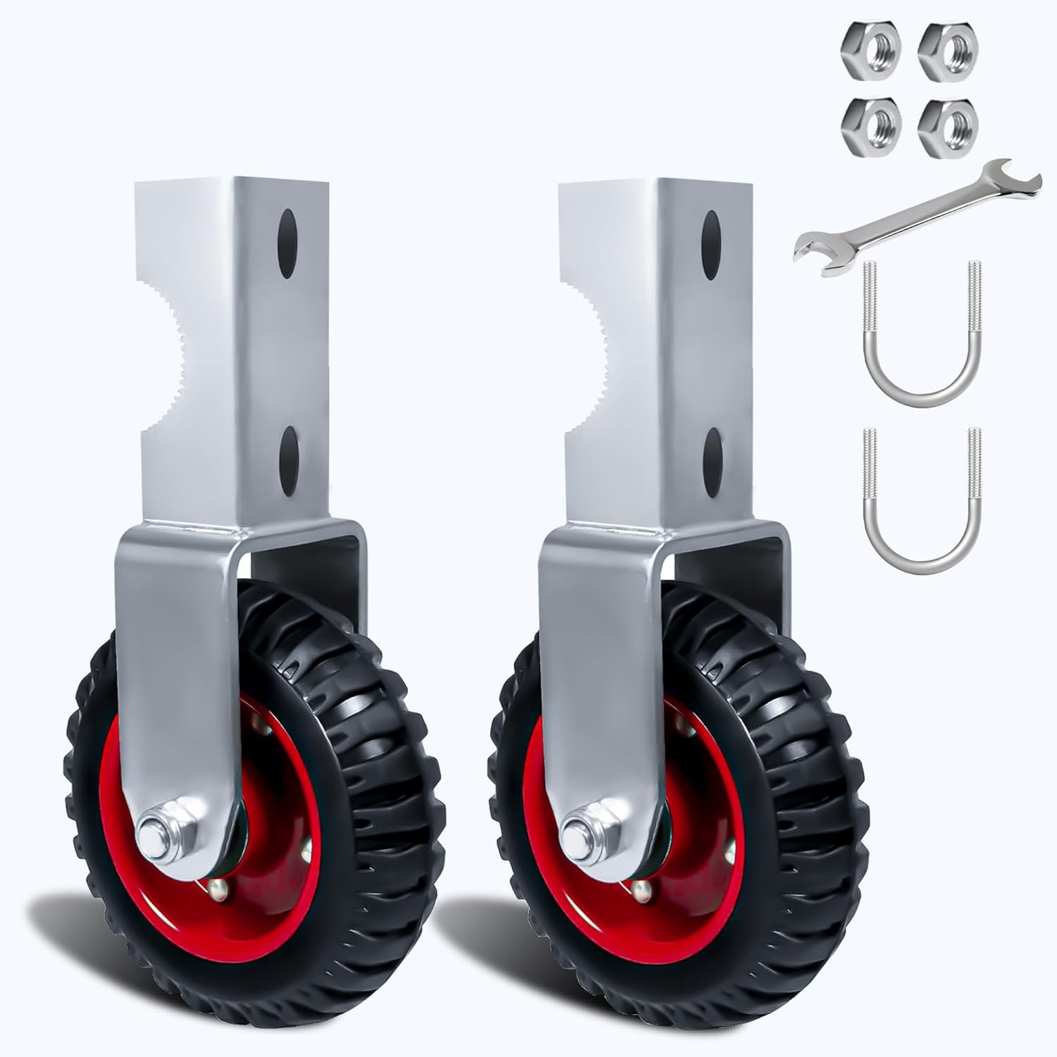 2 Pack Wheels for Metal Tube Gates, 6 Inch Heavy Duty Caster Wheels With 1-3/8" Thru 2-1/2" Frames, Support Wheel for Chain Link Fence Prevent Dragging (Red)