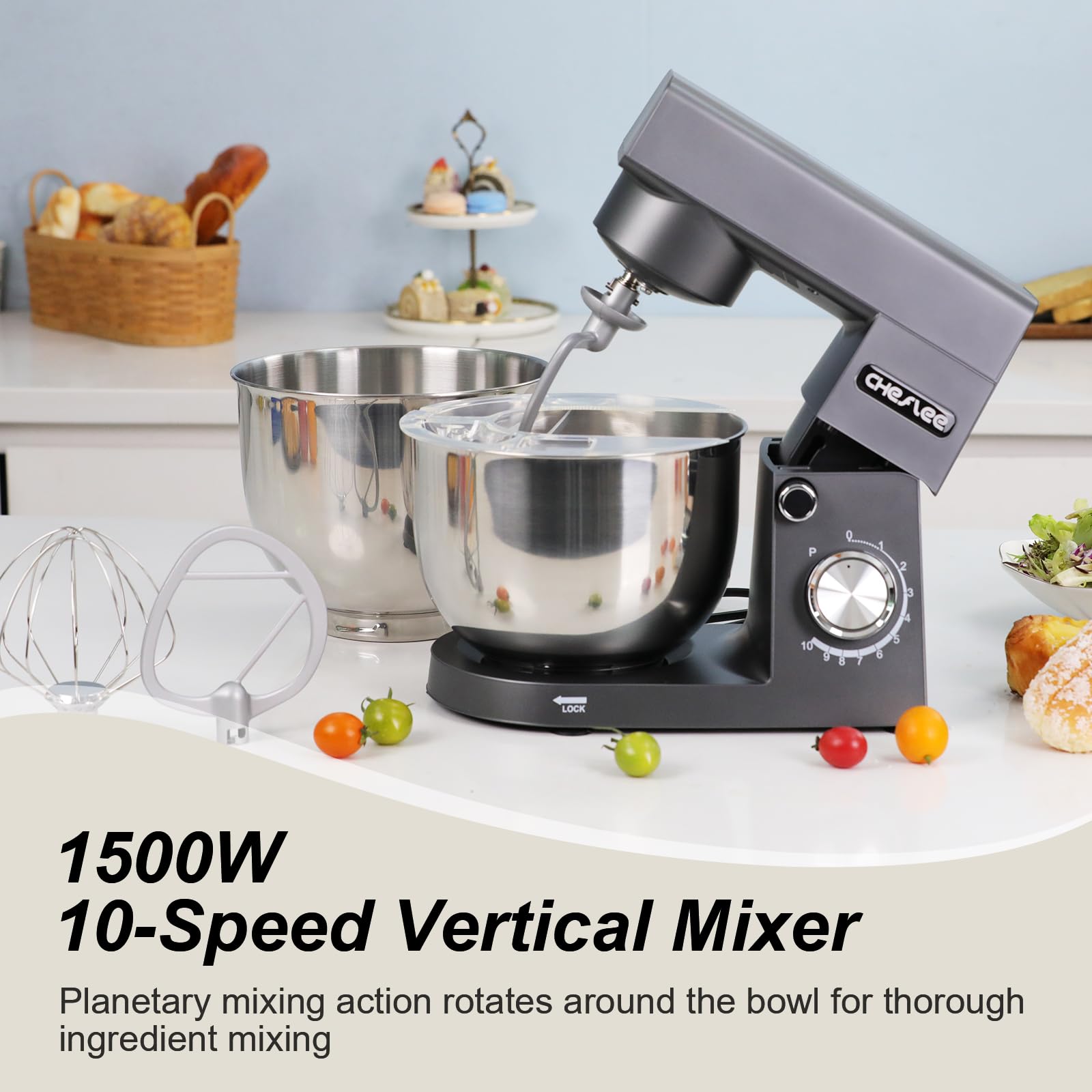 Amasadora CHeflee 1500W Batidora Amasadora,10 Velocidades,3 Funciones,Batidora Planetaria de 360 ​​Grados,con Cuencos de Acero inoxidable de 4,5 L y 5,5 L y Accesorios Para Mezclar y Amasar