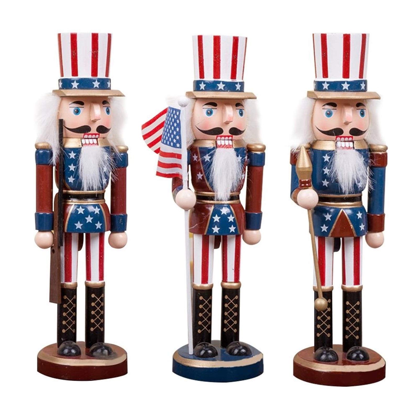 ZWSHOP 9.8-Inch Set of 3 Wooden American Christmas Nutcracker Figurines Uncle Sam with USA Flag Handcraft Puppet Desktop Ornament