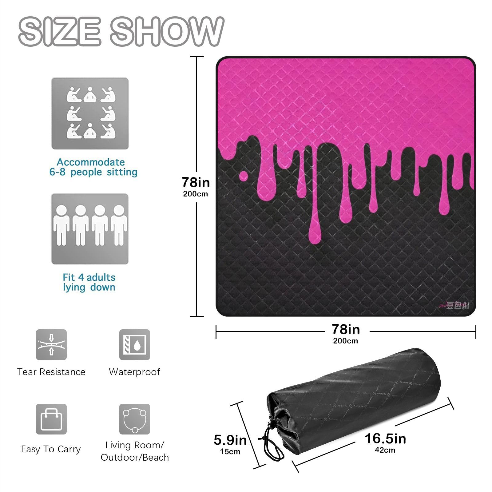 Moda Street Graffiti Pintura Rosa Negro Impermeable Picnic Accesorios XXL Picnic Playa Picnic Picnic para Adultos Concierto Manta para Picnic y Playa