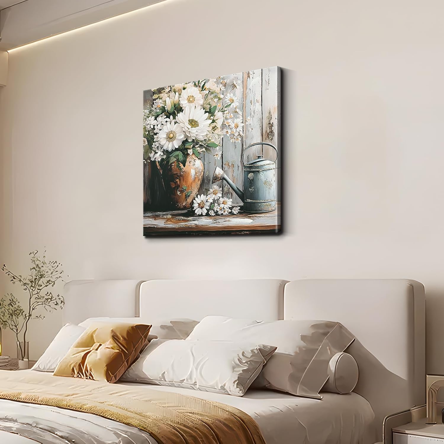 DRLWGTY Framed Farmhouse Rustic Daisy Wall Art, 24×24 Country Floral Watering Can Village Style Wall Picture with Gold Glitter Texture Details for Living Room Garden Kitchen Ready to Hang