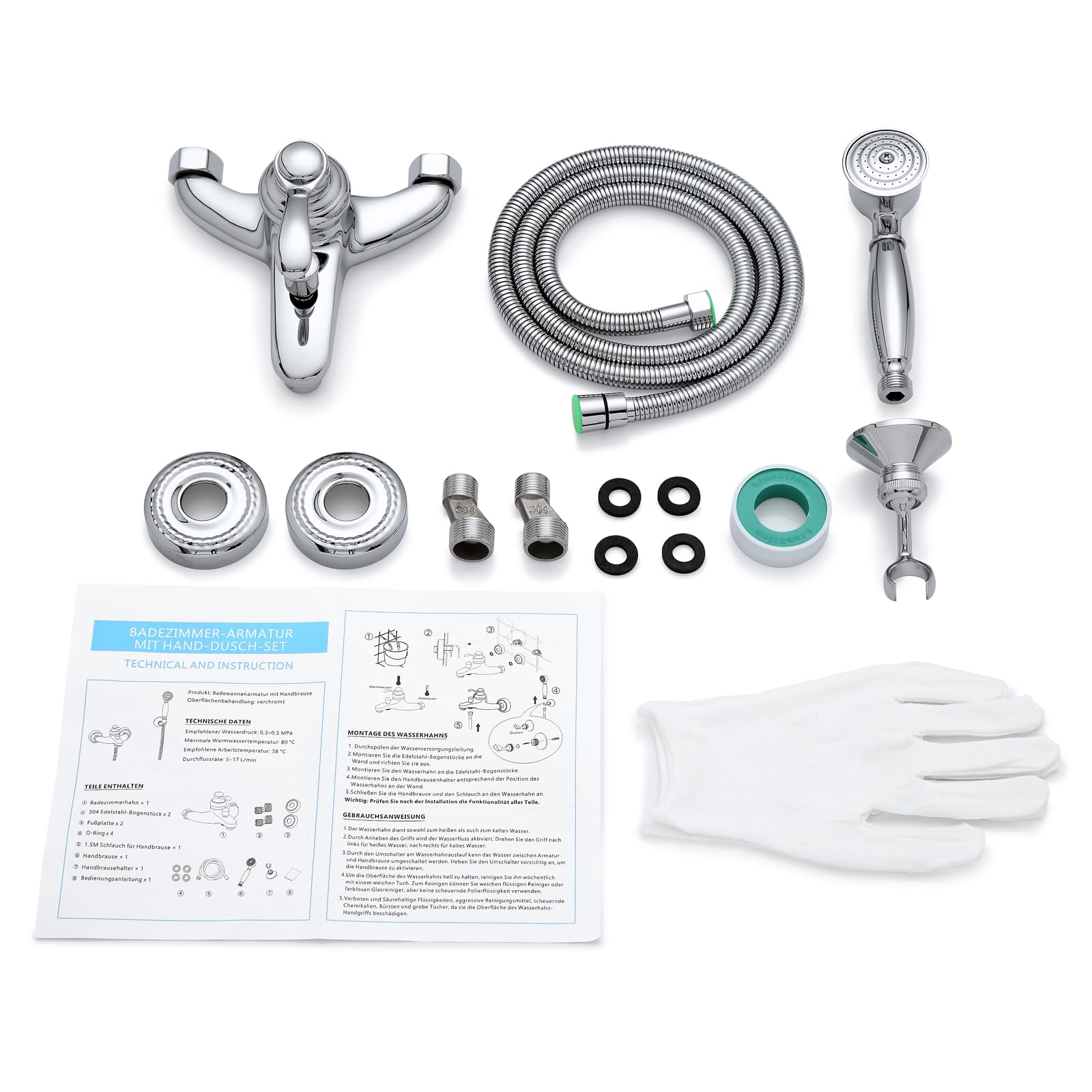 Badewannenarmatur mit Handbrause, Retro Messing Mischbatterie Badewanne Einhebelmischer mit Schlauch und Wandhalterung, Wandmontage Bad Armatur Dusche Antik Wannenarmatur für Badezimmer, Chrom