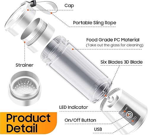 Miniatura 7 de Personal Blender for Shakes and Smoothies - 2025 New Upgrade Cordless Portable Blender USB Rechargeable, 380Ml BAP Free Juice Cup, 6 Blades Freshly