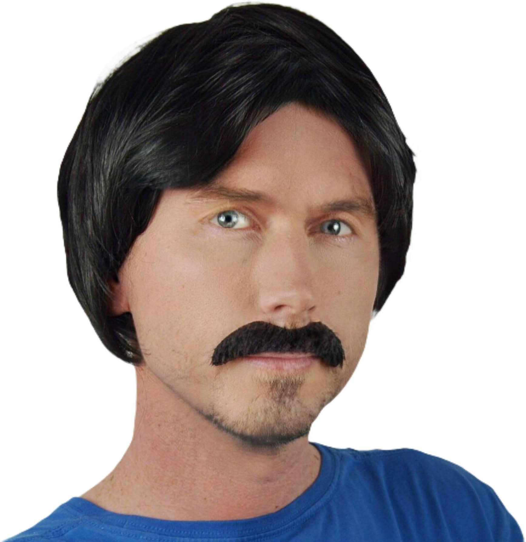 J & S EMPORIUM Men's Thick Black Fancy Dress Wig and Self-Adhesive Droop Moustache