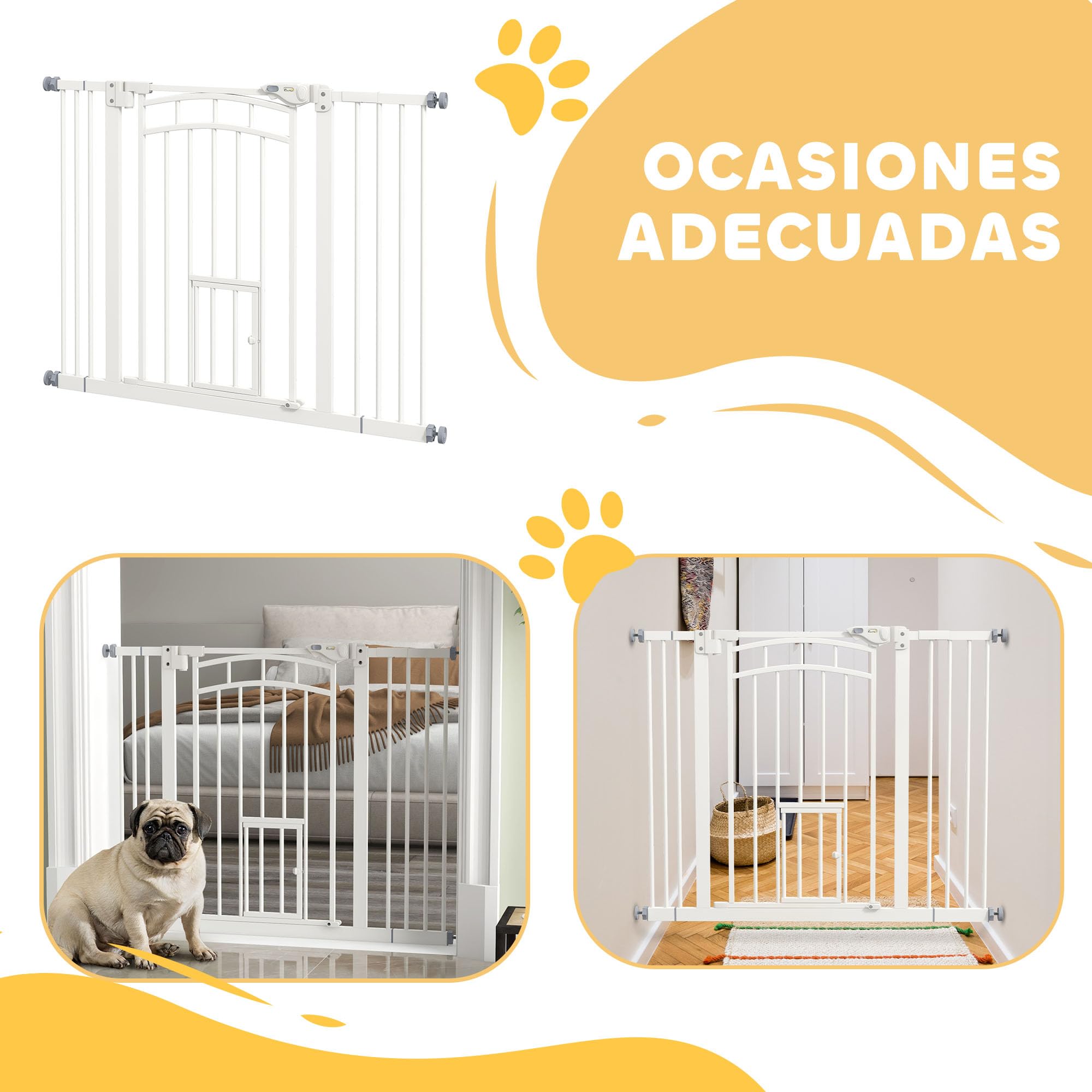 PawHut Barrera de Seguridad para Perros Extensible 74-100 cm Blanco | Barrera para Perros, para Puertas y Escaleras, Montaje a Presión, Puerta Pequeña, Doble Bloqueo