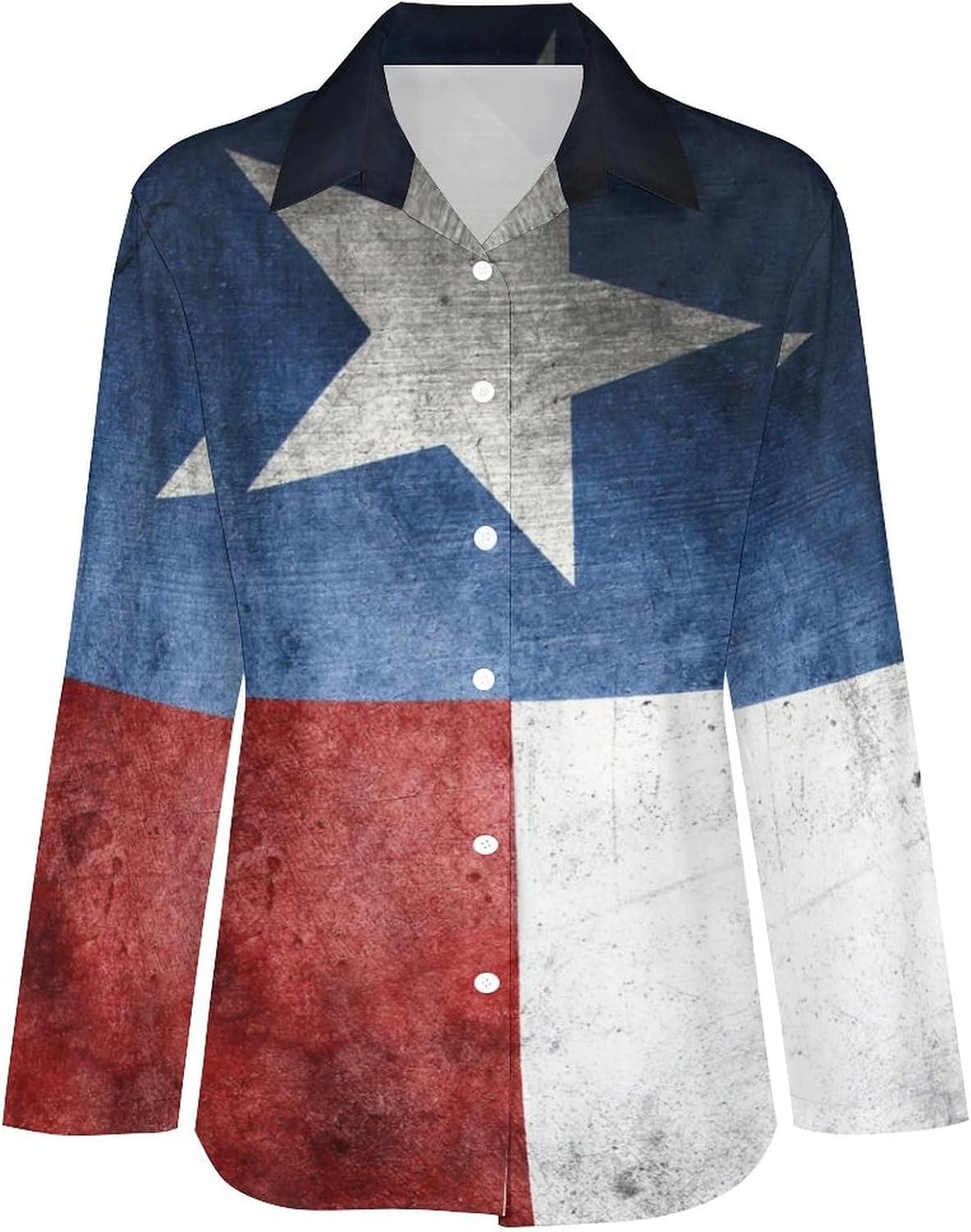 Closeup of Texas Flag Womens Long Sleeve Button Down Shirts Blouses V Neck Work Tops
