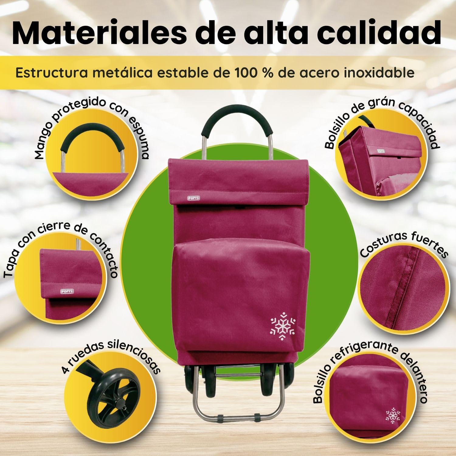 Carro de la Compra 50L con Compartimento Refrigerante y Gancho, 4+2 Ruedas Ideal Supermercado Granate
