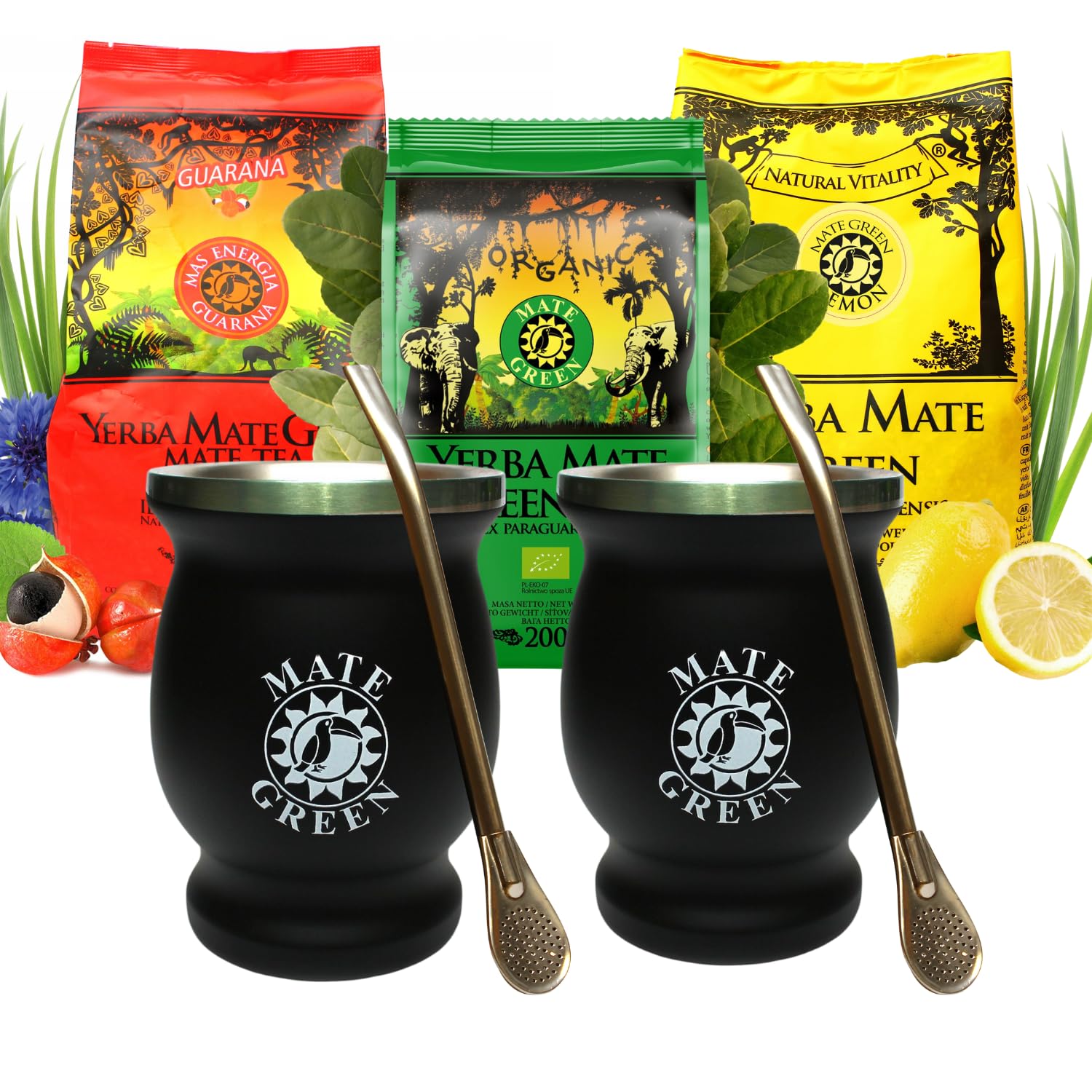 Matetee Mate Green Set | Stahl Matetee Becher | Guarana & Zitrone 200g