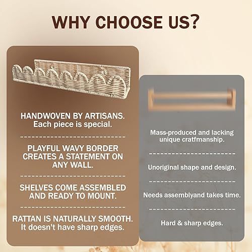 Vista 5 de Estantes para libros de guardería, 2 estantes de libros festoneados de ratán natural artesanal para habitaciones de niños, estantes de pared