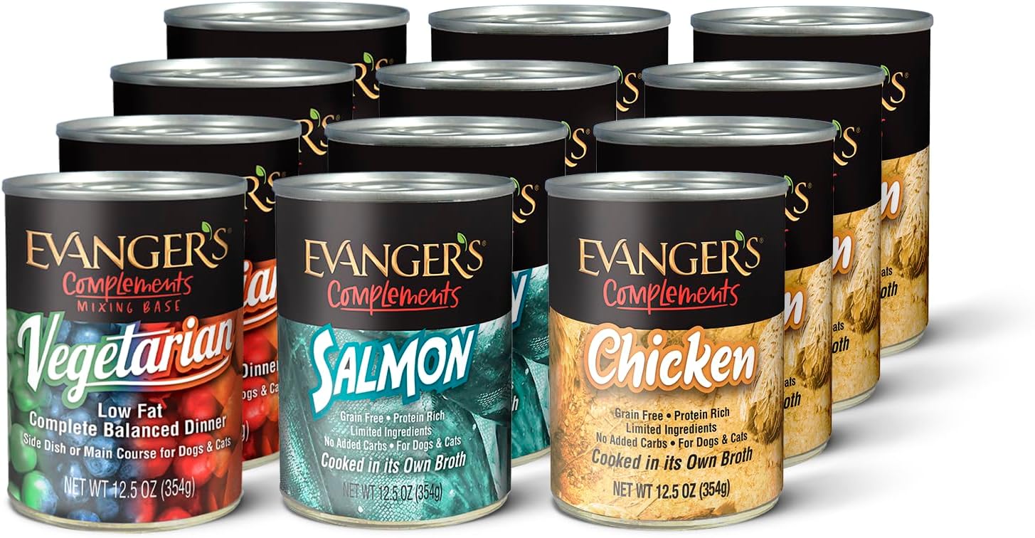 Evanger's Complements Variety Pack for Dogs & Cats – 4 Count Each, 12.5 oz Each – Grain & Gluten Free Chicken, Salmon & Vegetarian Dinners – Wet Dog & Cat Food