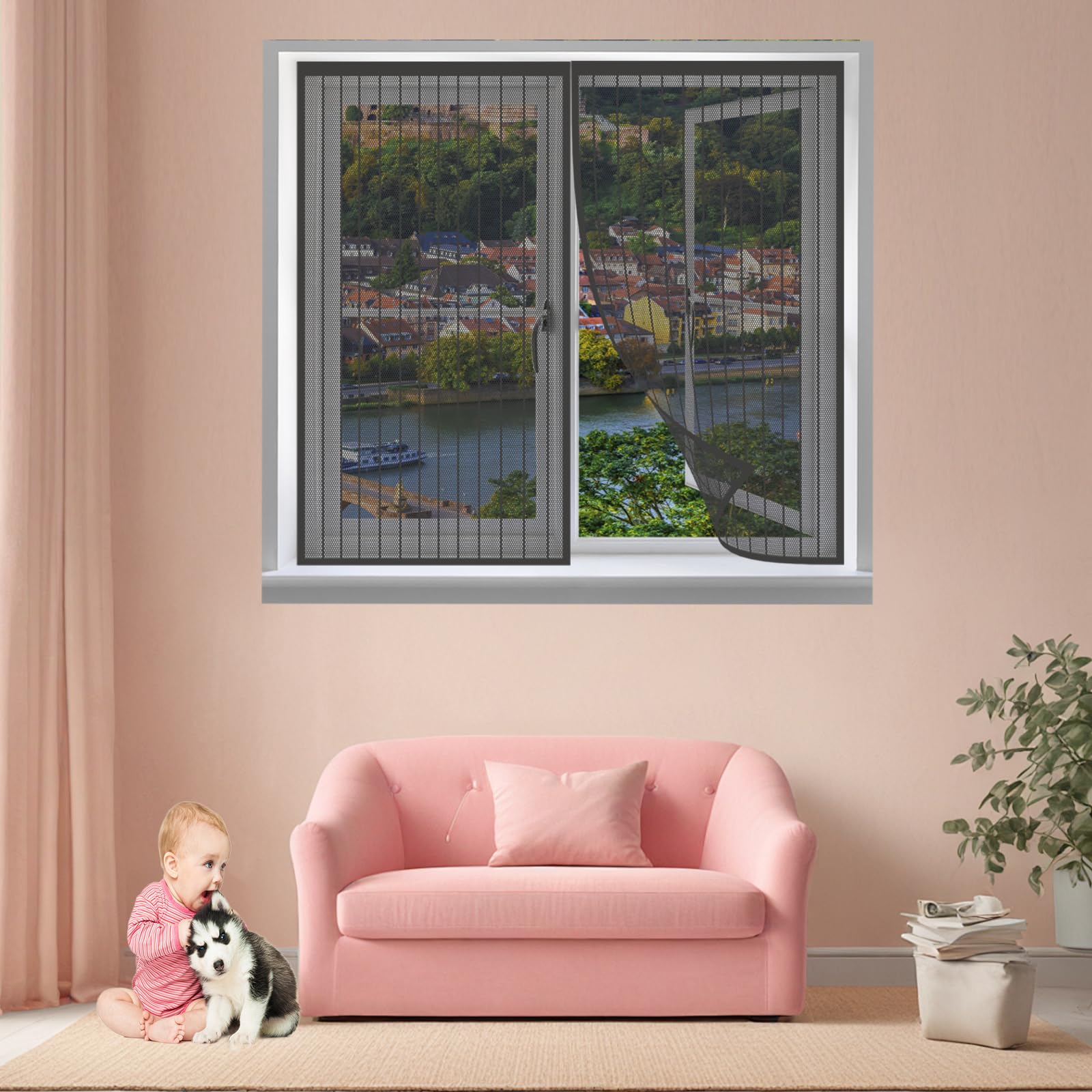 Magnetic Window Screen 96 x 90 cm Closes Automatically Fly Screens for Window Nets Fly Screens for Keep Bugs/Flys/Mosquitoes for Windows Doors Patio, Cat-Proof, Black