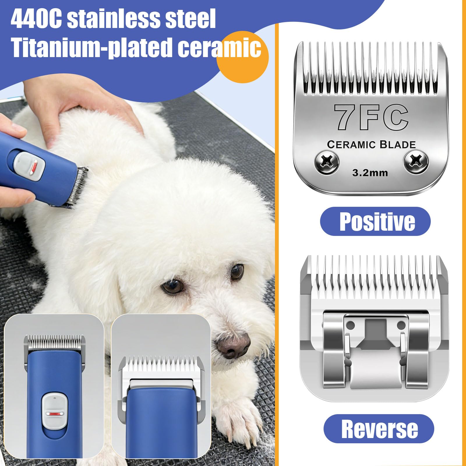 Juego de 2 cuchillas 7F de repuesto para cortacéspedes para perros, compatibles con las cortadoras Andis (longitud de corte 1/8" (3,2 mm)), compatibles con las cortadoras Oster A5 y Wahl de la serie