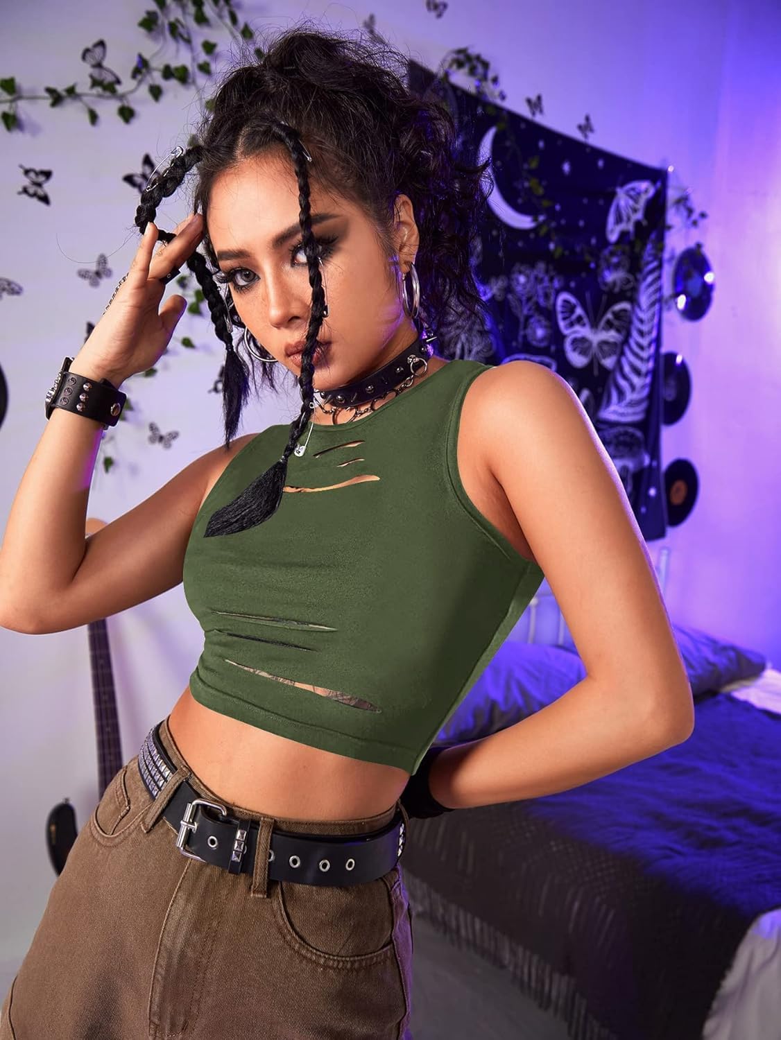 Floerns Women's Cut Out Sleeveless Round Neck Punk Rock Solid Ripped Crop Tank Top: X-Small Green