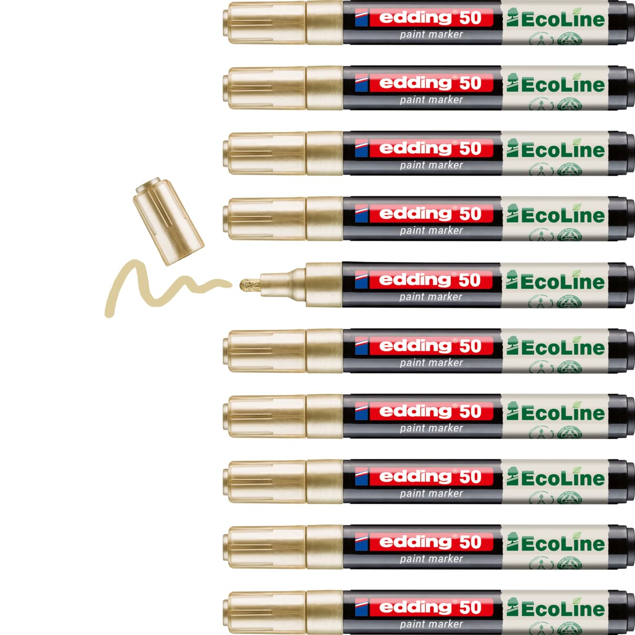 edding 50 EcoLine Lackmarker – gold – 10 Stück – Rundspitze 2-3 mm – wasserbasierte Tinte, stark deckend & wasserfest – Lackstift für Glas, Stein, Holz, Kunststoff und Papier