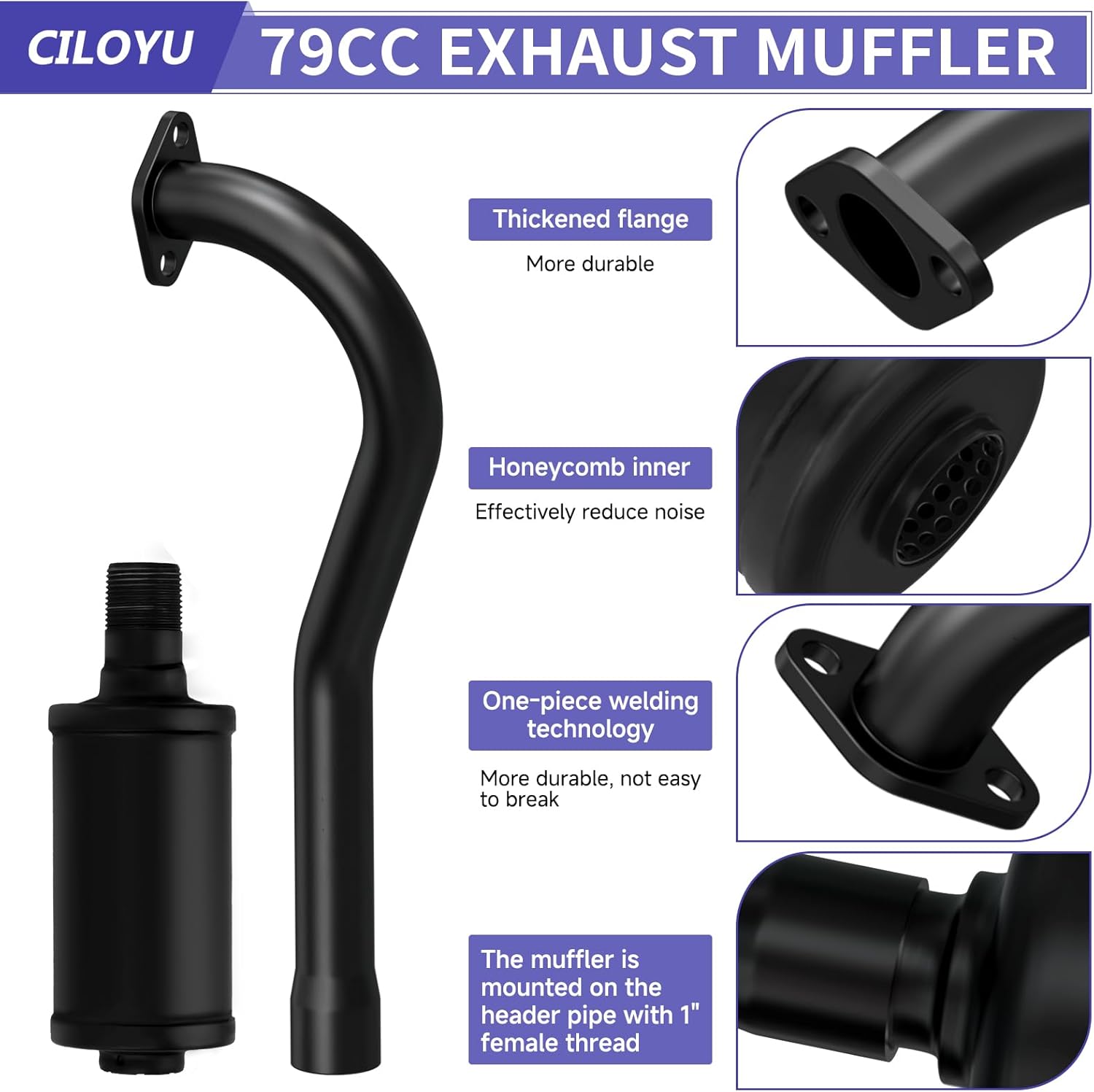 Central Long Mini Bike Exhaust Header Pipe with Muffler Kit Compatible with GMB100 Coleman CT100U 79cc 3HP Engine 154F 3.0HP Predator 98cc 99cc GPS Rascal 98 Lite Minibike Parts Black