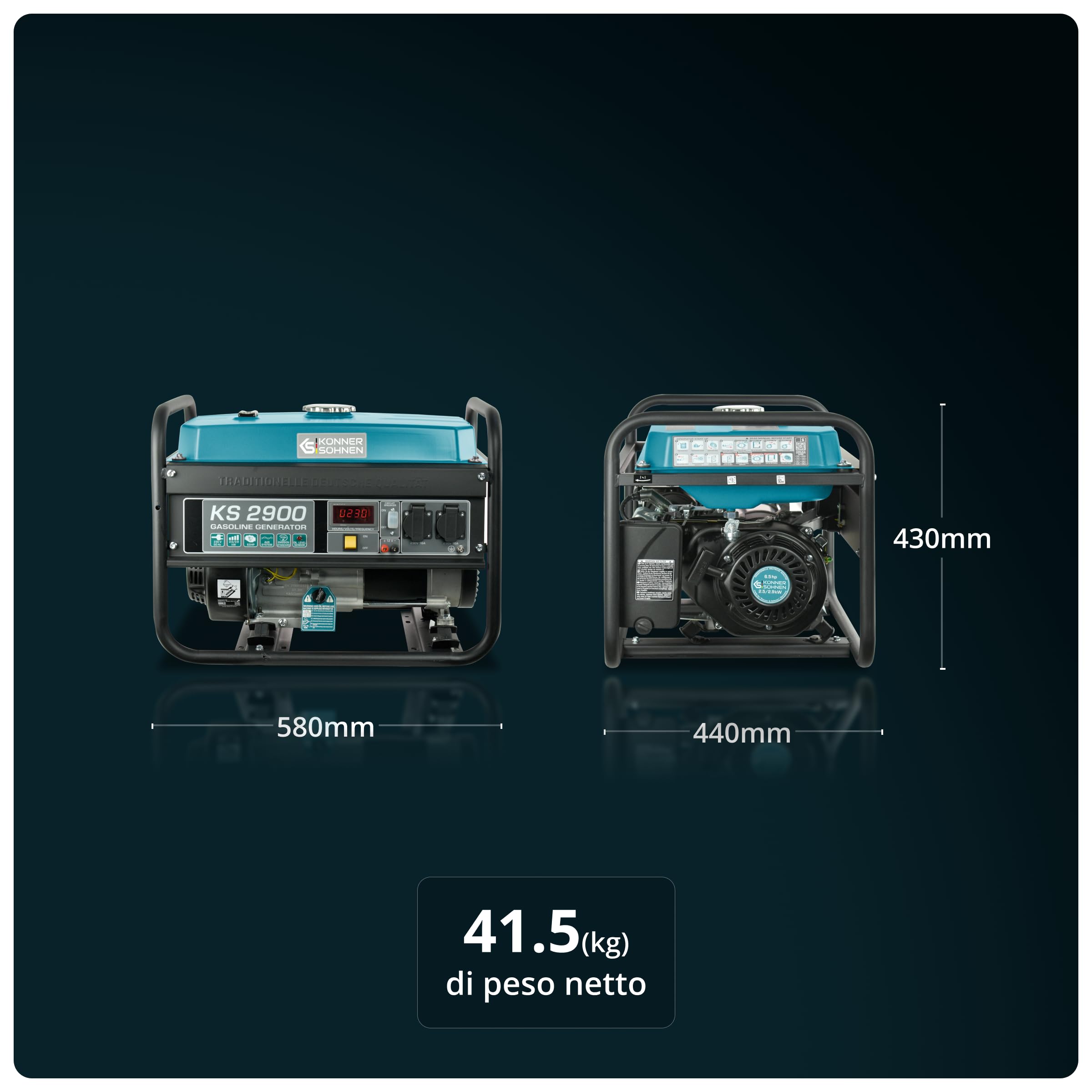 Generatore a benzina KS 2900 con una potenza massima di 2900 W, 2x16A (230 V), 12 V, indicatore di basso livello dell'olio, protezione da sovraccarico e cortocircuito, display