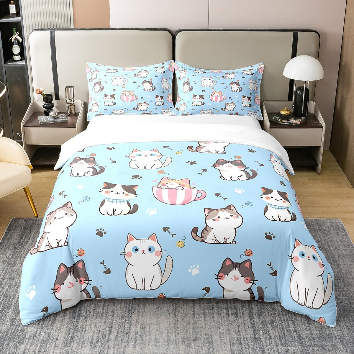 Homemissing Blue Cat Bedding Set for Kids Boys Girls Cats Comforter Cover Set Cute Cartoon Design Duvet Cover 100% Cotton Cute Kitten Bedspread Cover Cute Animal Themed 2Pcs Single