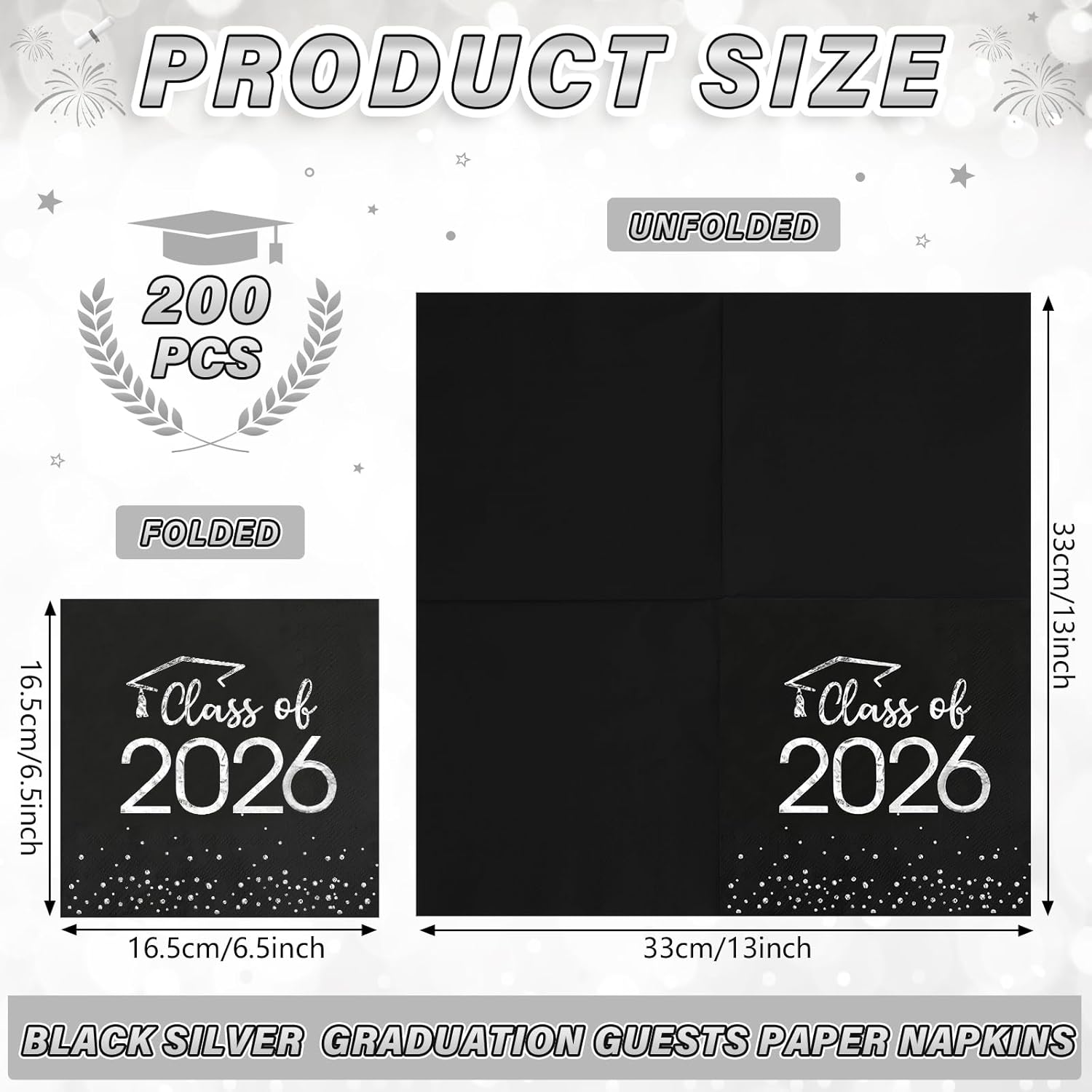 200Pcs Class of 2026 Graduation Napkins, Disposable Congrats Grad Paper Cocktail Napkins Square Foil Dot Hand Towels for 2026 High School University College Graduation Party Decorations (Black Silver)
