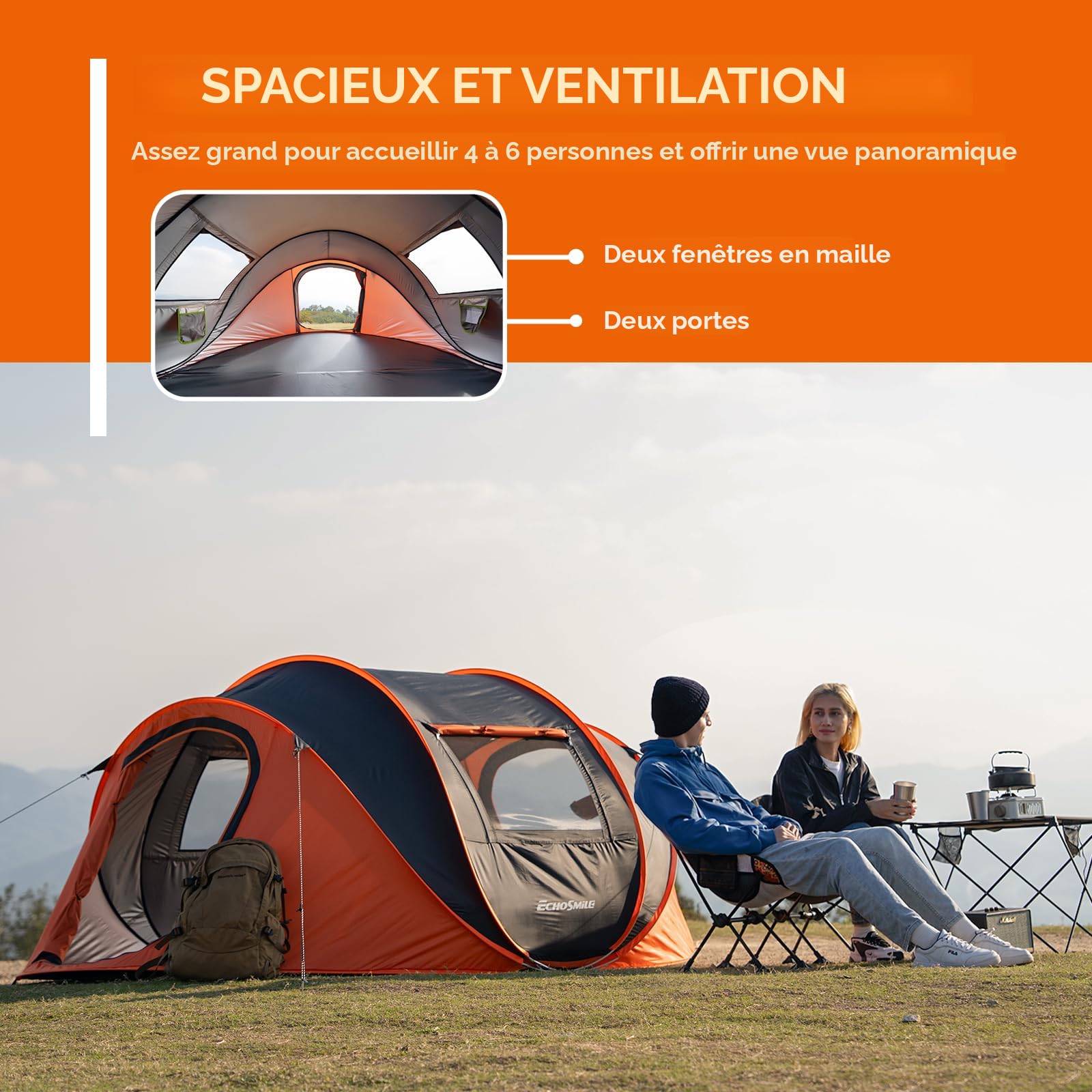 PORTAL Tente de Camping Familiale 4 Personnes d'Extérieur Tente dôme Portes Doubles Compacte Imperméable Montage Facile pour Randonnée Pique-Nique Jardin