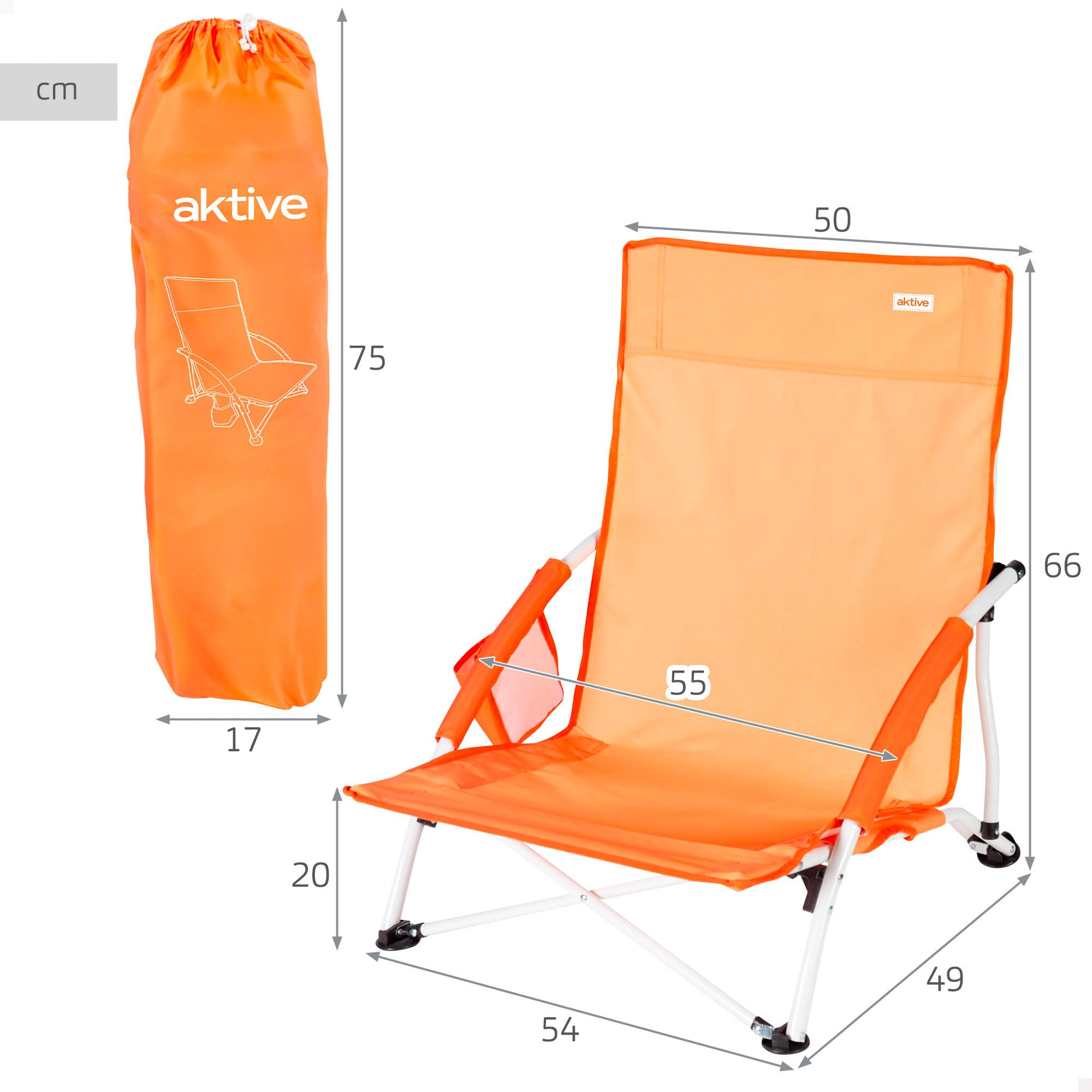 AKTIVE Silla de Playa Plegable Naranja con Bolsillo Lateral, Estructura de Acero, Ligera y fácil de Transportar, para Playa y Camping (62504)