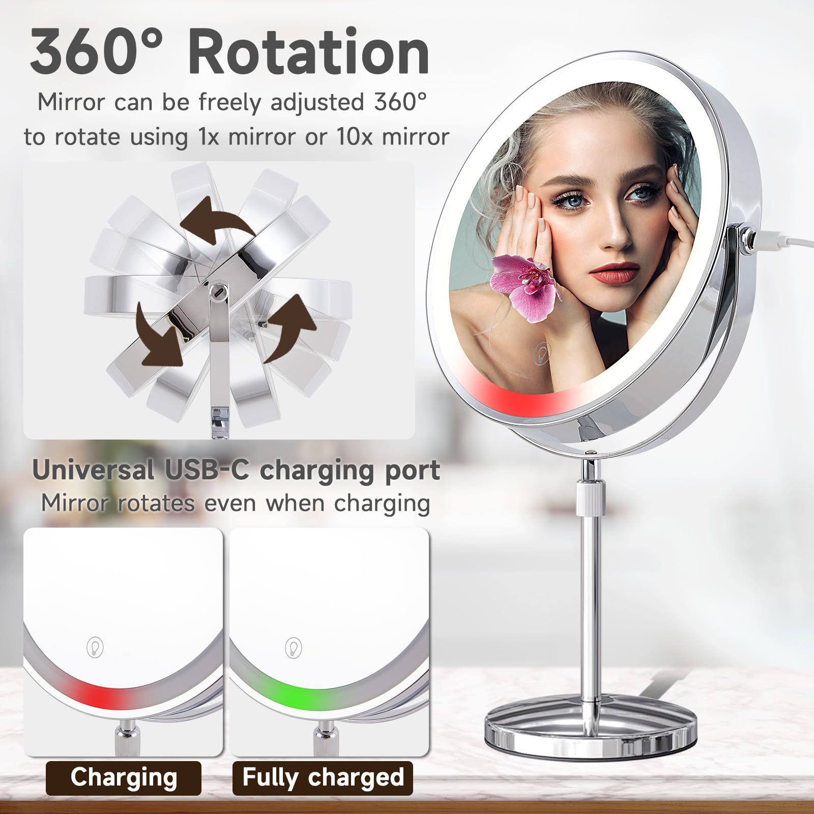Espejo de maquillaje iluminado de 9 pulgadas, espejo de tocador con luces, 3000 mAh recargable de altura ajustable, espejo de aumento de 1x/10x con 3 colores, brillo ajustable, rotación de 360°