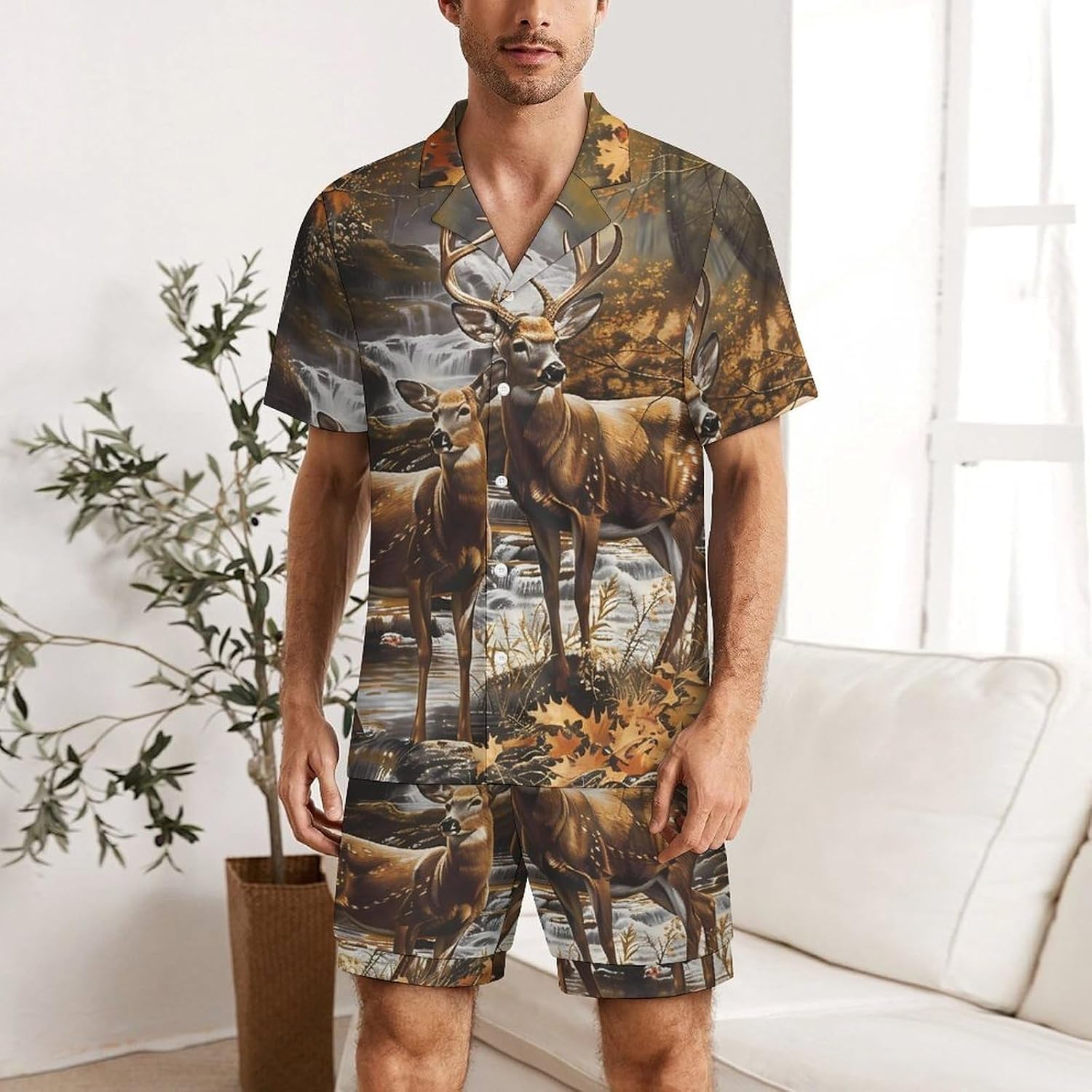 Camouflage Deer Men's Short Sleeve Pajama Set Satin Silk Like Lounge Sleepwear