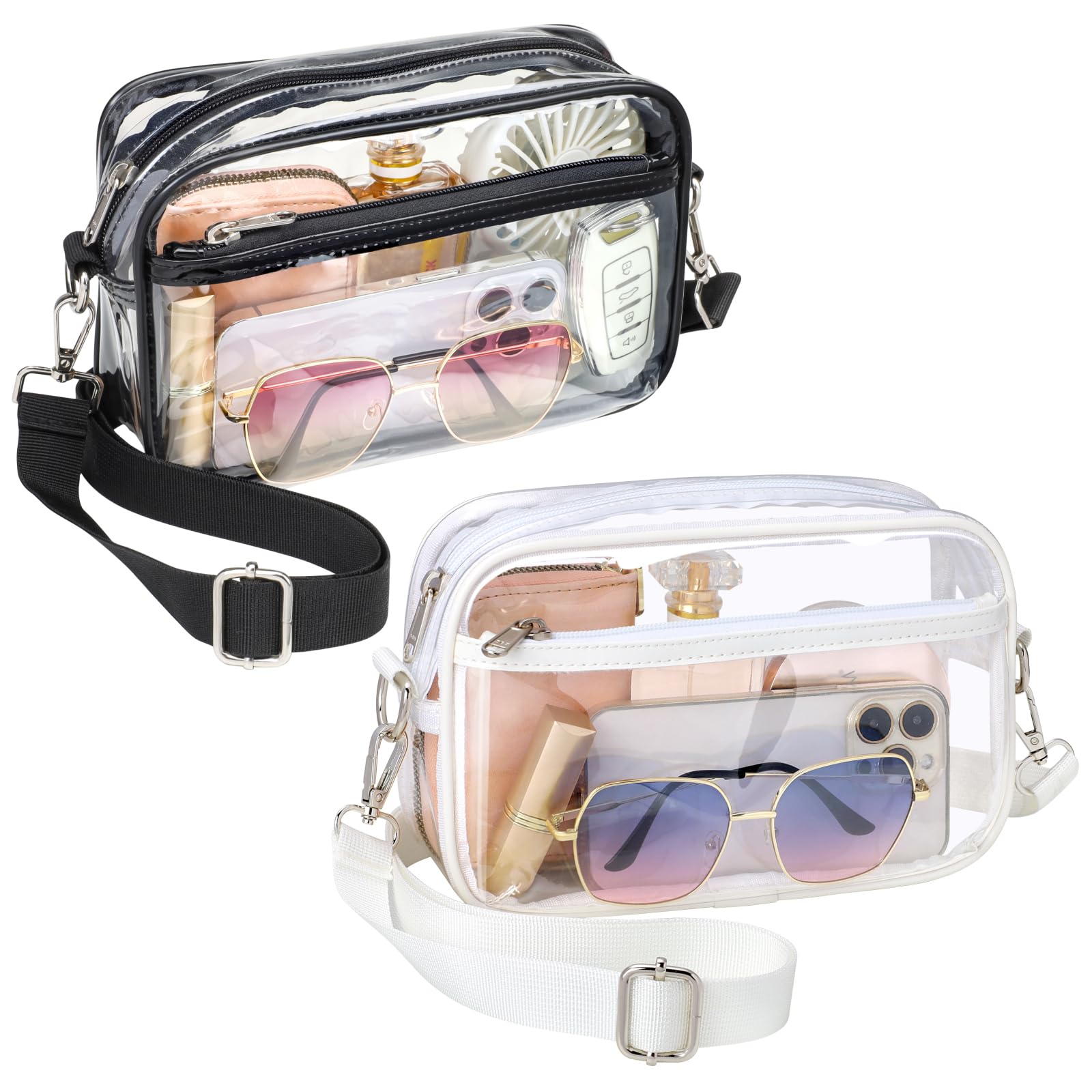 PACKISM Clear Bag for Stadium Events - Small 2-Pack Clear Purses for Women Stadium Crossbody Approved with Wide Adjustable Strap for Game Day Concerts Sports Festivals, 1 Black & 1 White