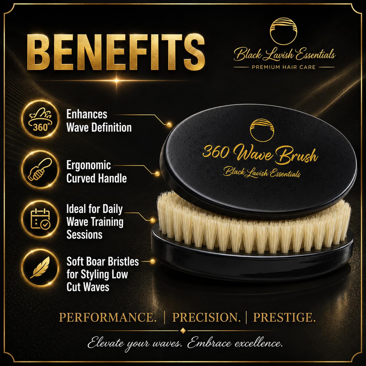 Cepillo ondulado 360, crea ondas más profundas, cerdas de jabalí suaves y duras (negro, cepillo suave)