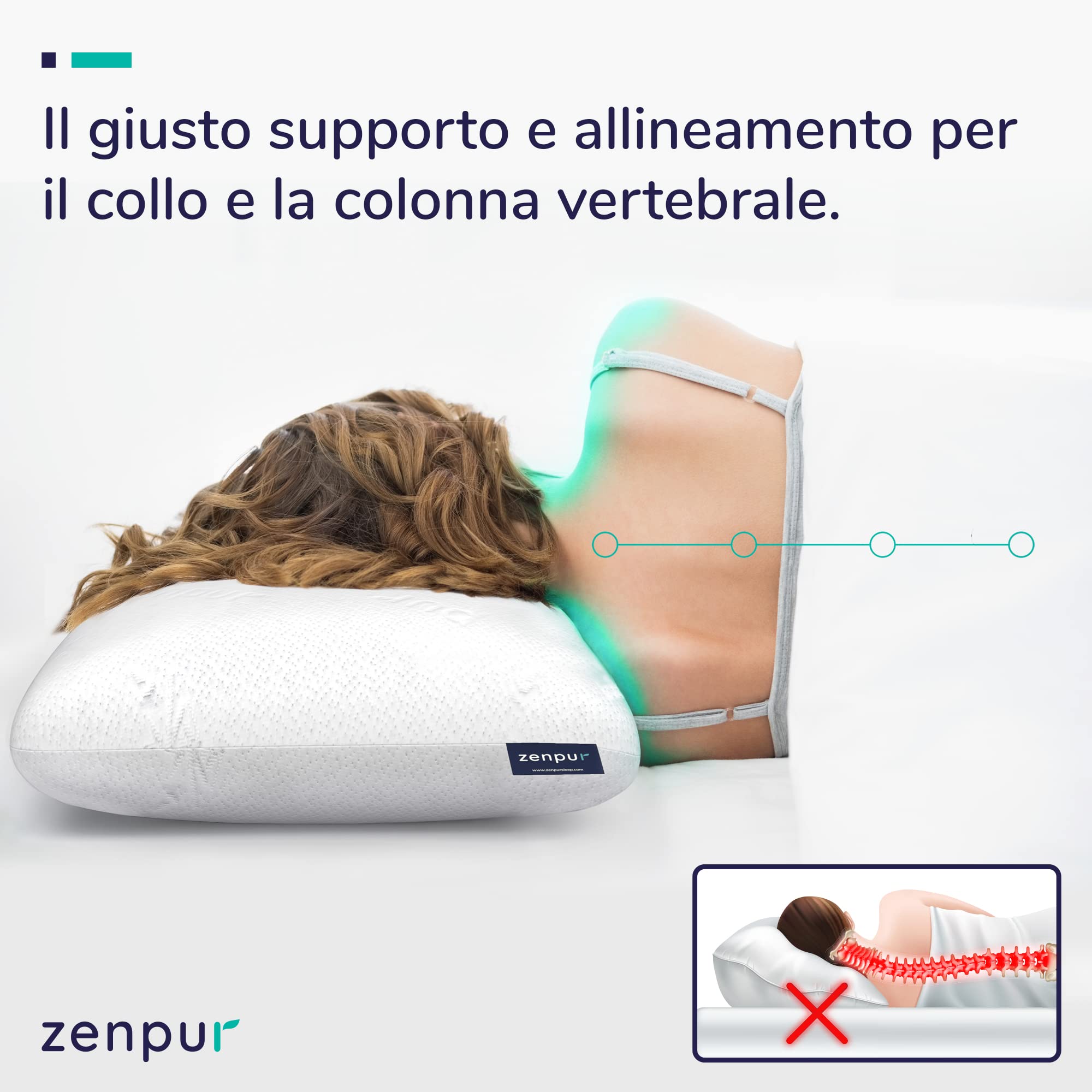 ZenPur cuscino memory - Cuscino ortopedico letto, fodera in bambù Prodotto in EU, Comodo per chi dorme sul fianco e soffre di cervicale, Allineamento ottimale di collo, spalle e colonna vertebrale