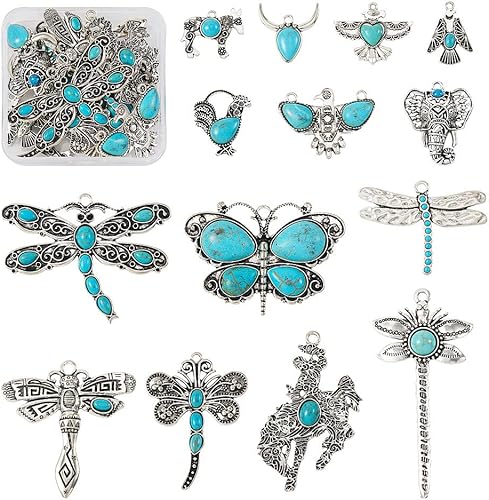 Miniatura 7 de pandahall 14 dijes de turquesa estilo tibetano, aleación bohemia, mariposa, libélula colgante, dijes retro de animales, insectos, joyería