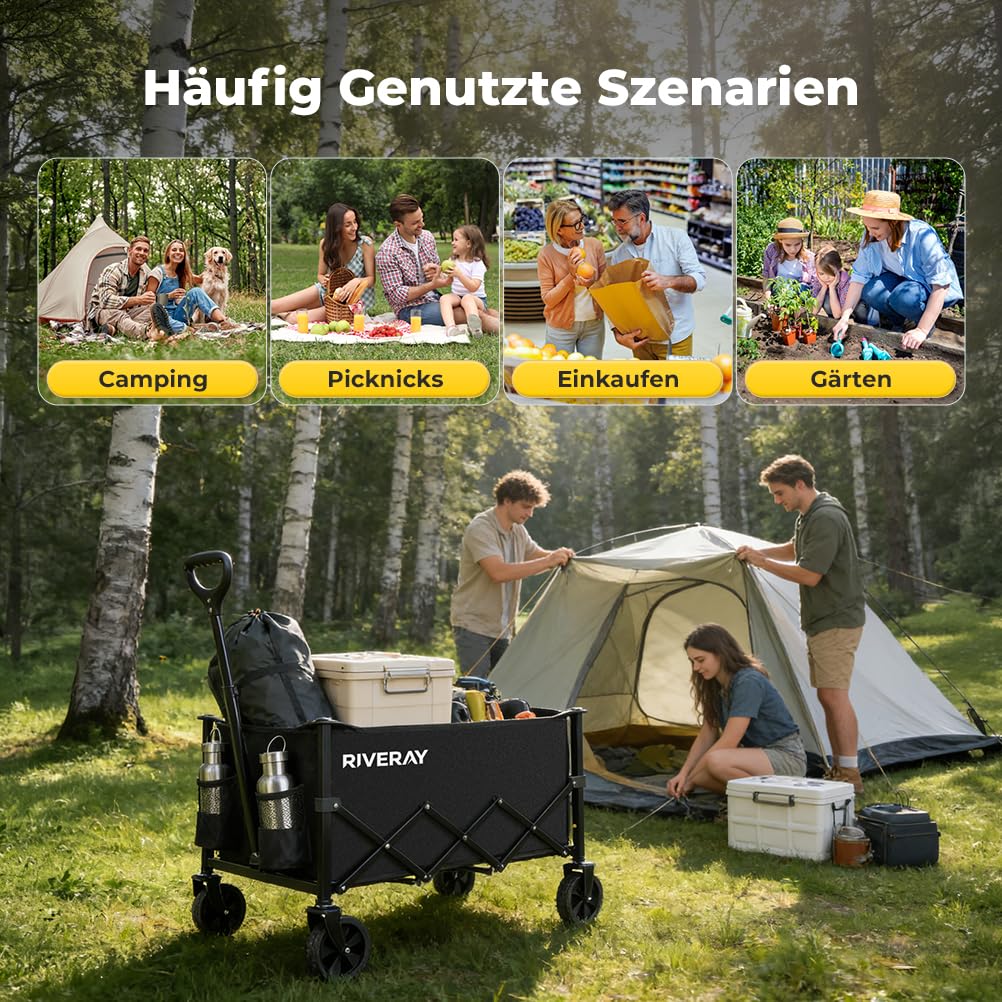 Bollerwagen Faltbar 120L 120KG, Klappbarer Bollerwagen mit Abnehmbarer Stofftasche Verstellbarem Griff, Faltbarer Handwagen All Terrain Rädern für Camping, Garten, Outdoor, Einkauf
