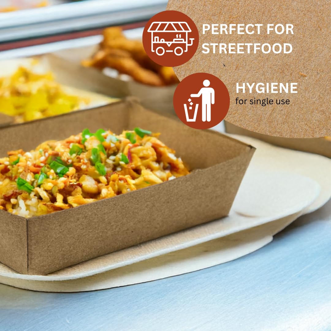 Enpack Snackschale A9-500 Stück Snackschalen aus Kraftpapier - Snack Box 15x10x3,5cm - Currywurst Schale 500 ml - Behälter für Tapas, Chips, Pommes etc. - optimal geeignet als Fingerfood Schalen