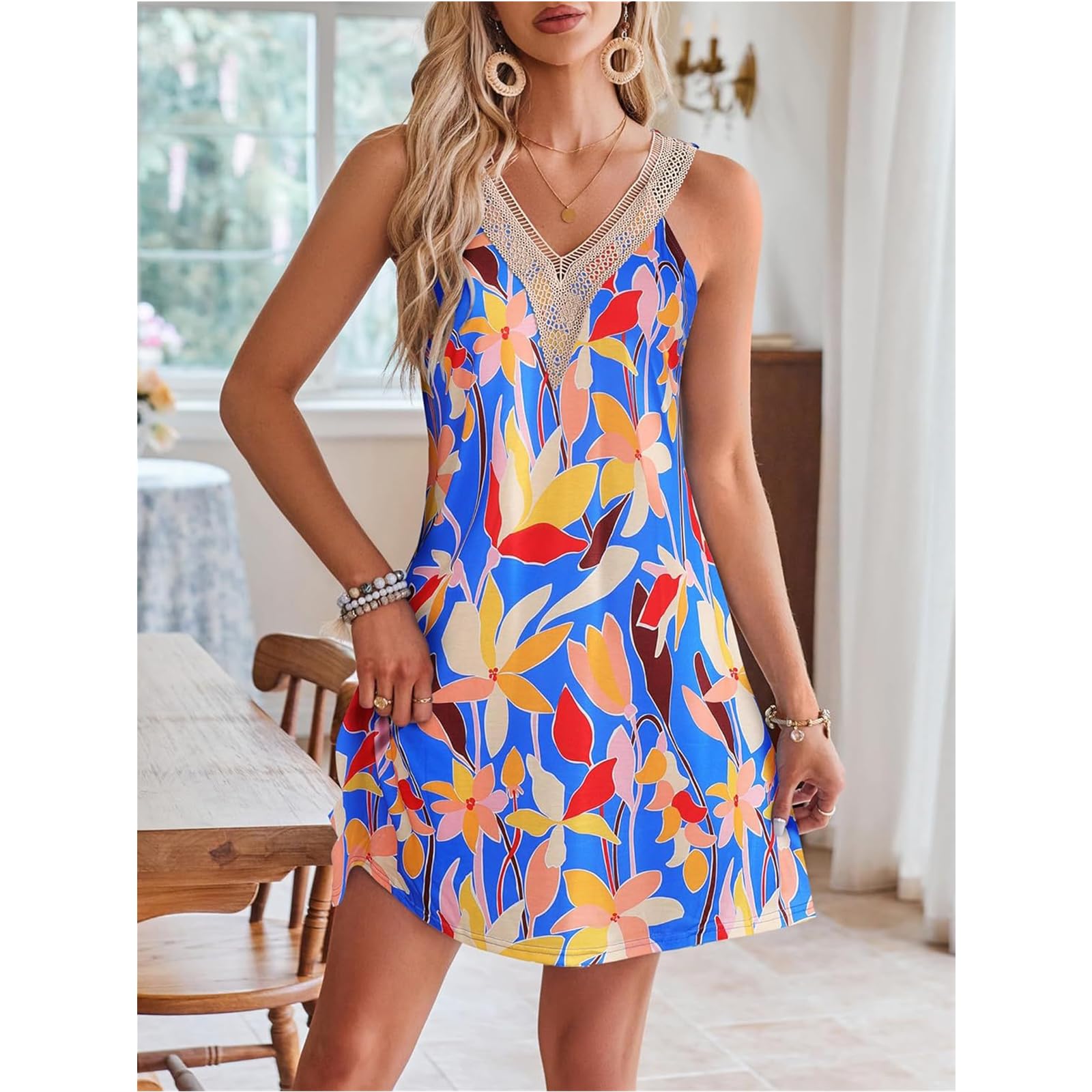 Vestidos de Verano Vestidos de Verano Vestidos de Flores de Verano sin Mangas Vestidos de Flores de Cuello V Vestidos de Flores de Cintura Alta Vestidos de Vacaciones de Verano Vestidos de Sol de Fie