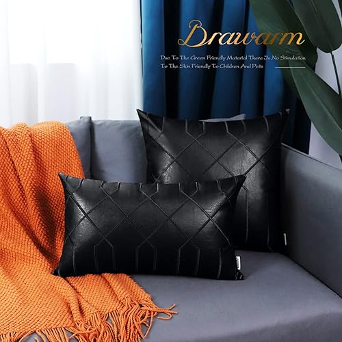 Miniatura 7 de BRAWARM Fundas de almohada de cuero de 12 x 20 pulgadas, fundas de almohada lumbar de piel sintética negra, paquete de 2, almohadas decorativas de