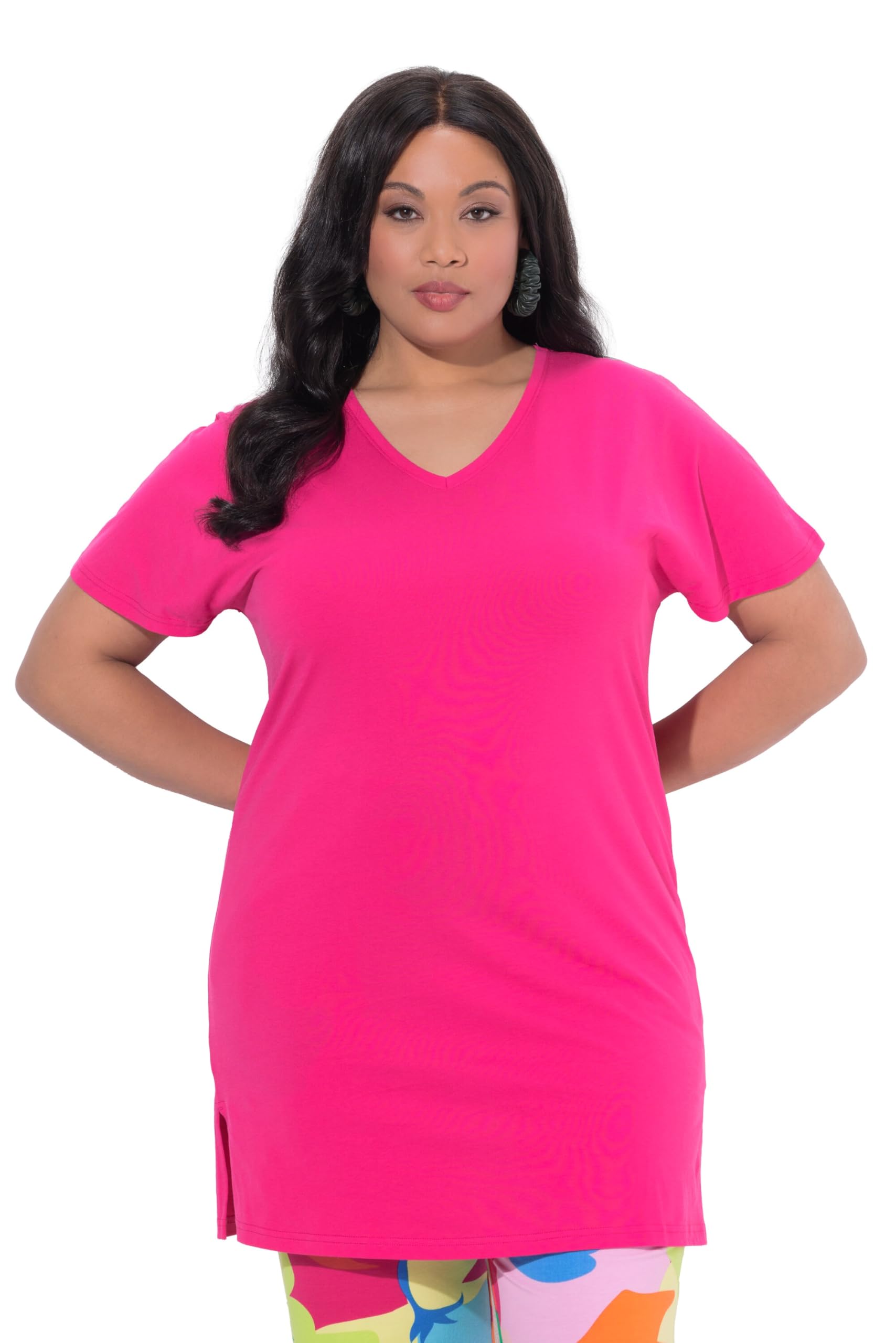 Ulla Popken Damen große Größen Übergrößen Plus Size Longshirt, A-Linie, V-Ausschnitt, Flügel-Halbarm 847603