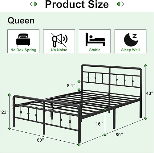 Miniatura 2 de EMODA Base de cama Queen de 16 pulgadas con cabecero y estribo redondos de metal, base de colchón de soporte de listones de metal resistente, no