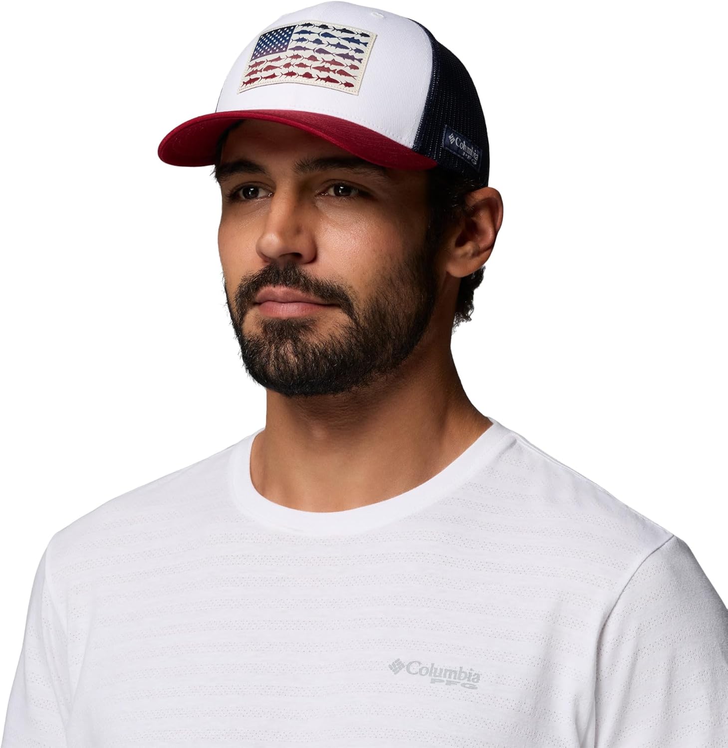 Columbia Unisex Unisex PFG Fish Flag Mesh Snap Back Hat, White/Beet/Nocturnal, One Size