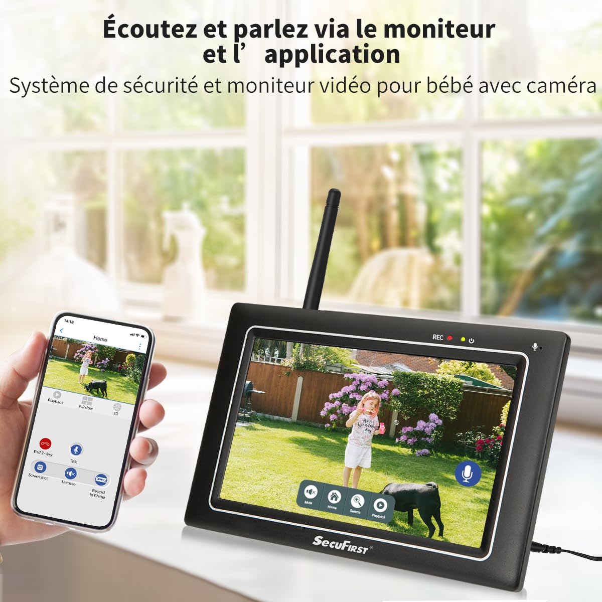 SecuFirst Kit 2K Caméra de Surveillance Extérieure sans Fil avec Moniteur | Écran tactile 7" intérieur,Vidéo Babyphone Camera,Travailler sans wifi,Détecteur de Mouvement, Carte SD 64 Go, Interphone