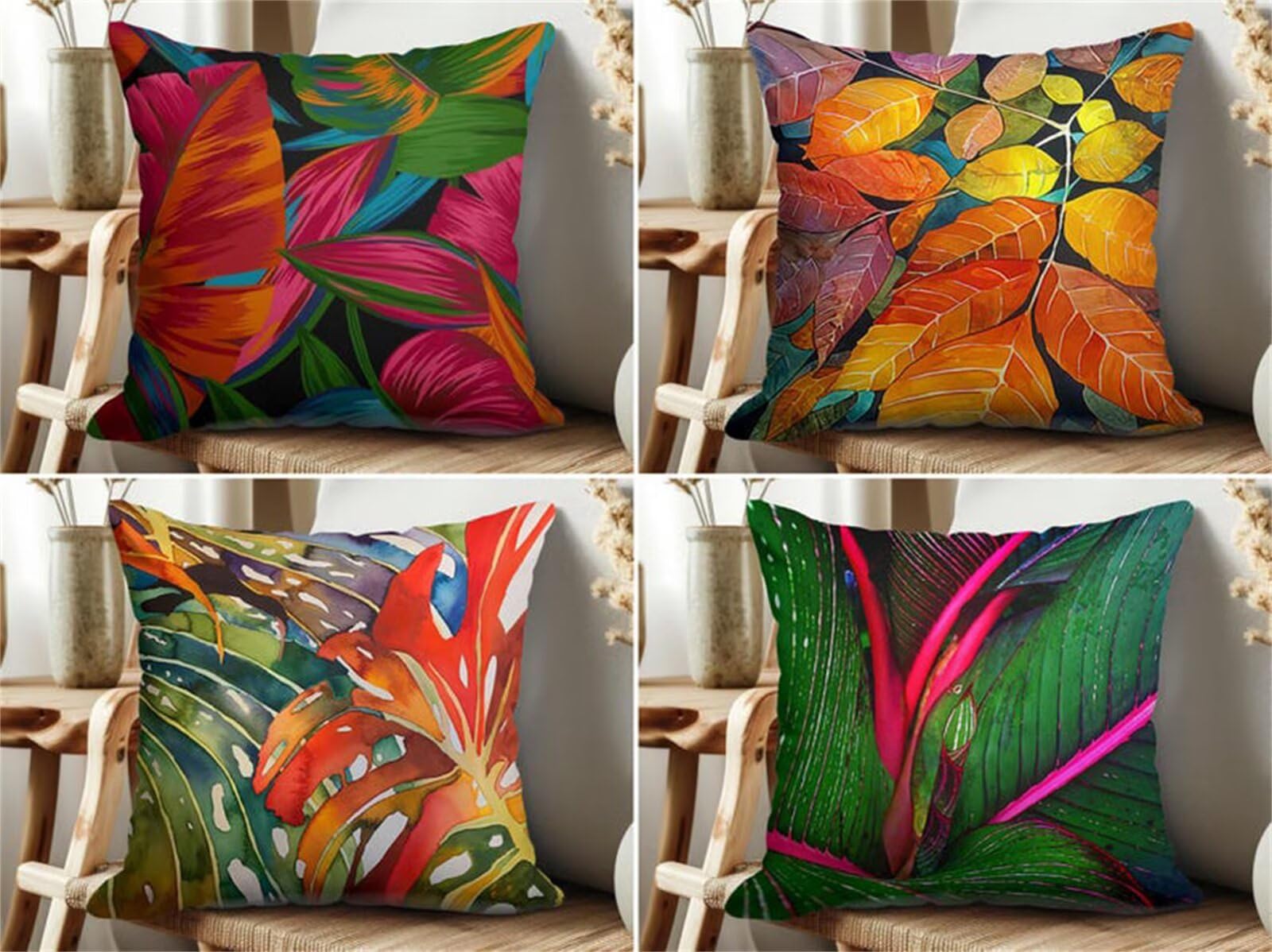 Heaen Outdoor Cushion Covers 45x45 cm Set of 4 Waterproof Linen Throw Pillowcases Green Yellow Leaves Square Decorative Pillow Covers for Garden Patio Furniture