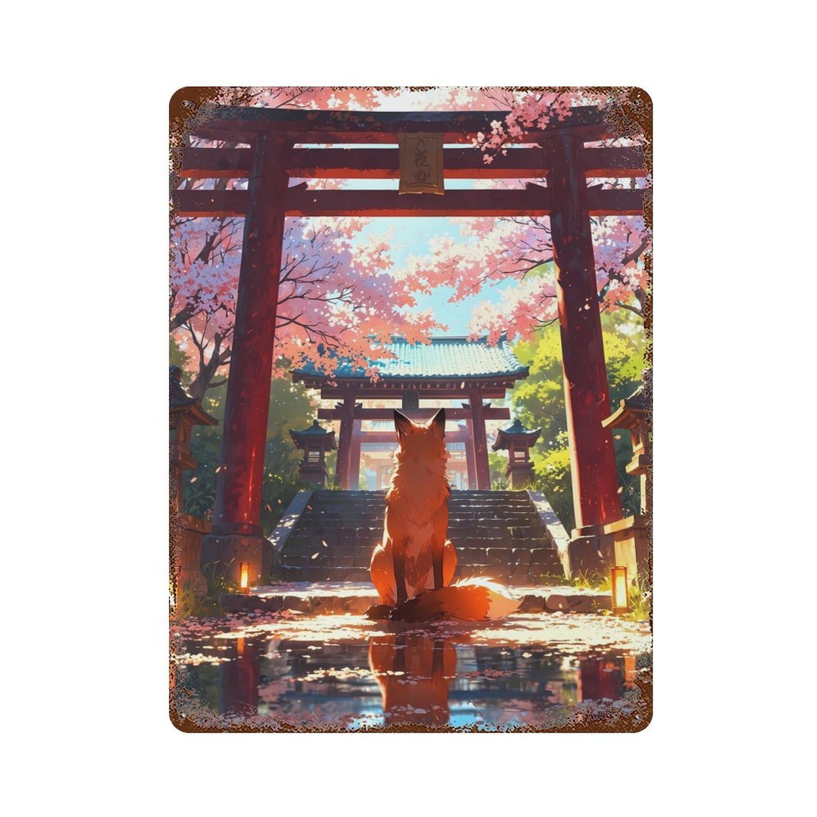 Mystic Kitsune Gateway Rust Effect Tin Sign 15.7"x11.8", Industrial Home Decor for Garage, Bar And Workshop Decor
