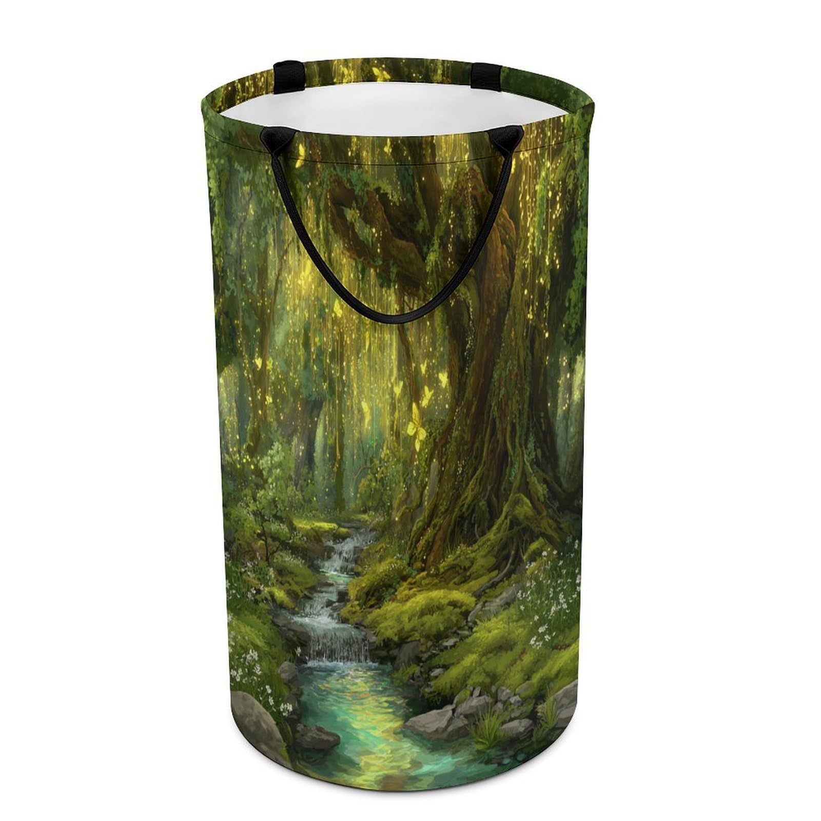 LUYYSKY Fantasy Beautiful Enchanted Forest Versatile Storage Laundry Basket, Colorful Oil Painting Fairy Tale Wonderland Animals Butterflies Large Capacity Bathroom Hamper With Handle
