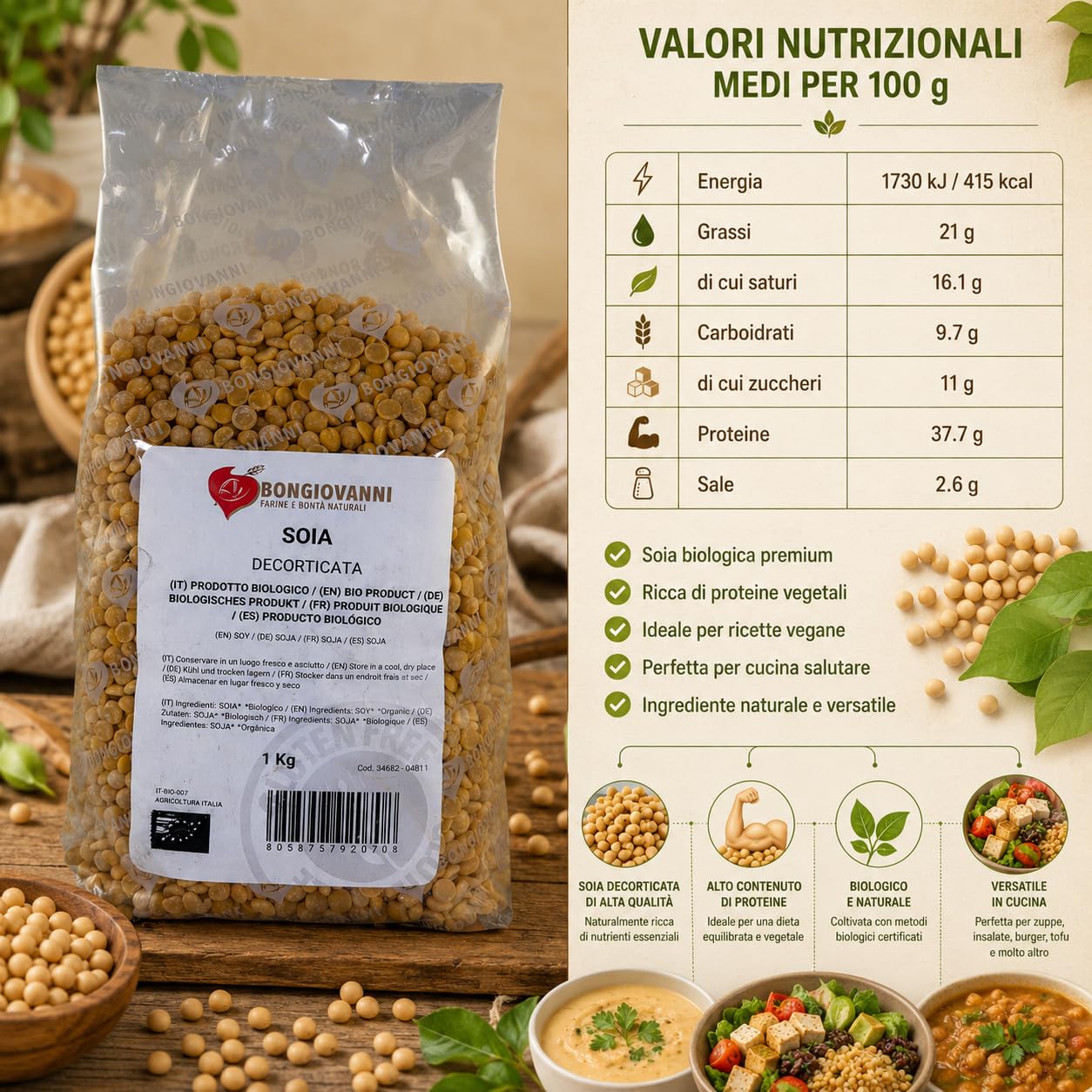 Bongiovanni Bontà Naturali Soja orgánica de Italia, pelada, 1 kg