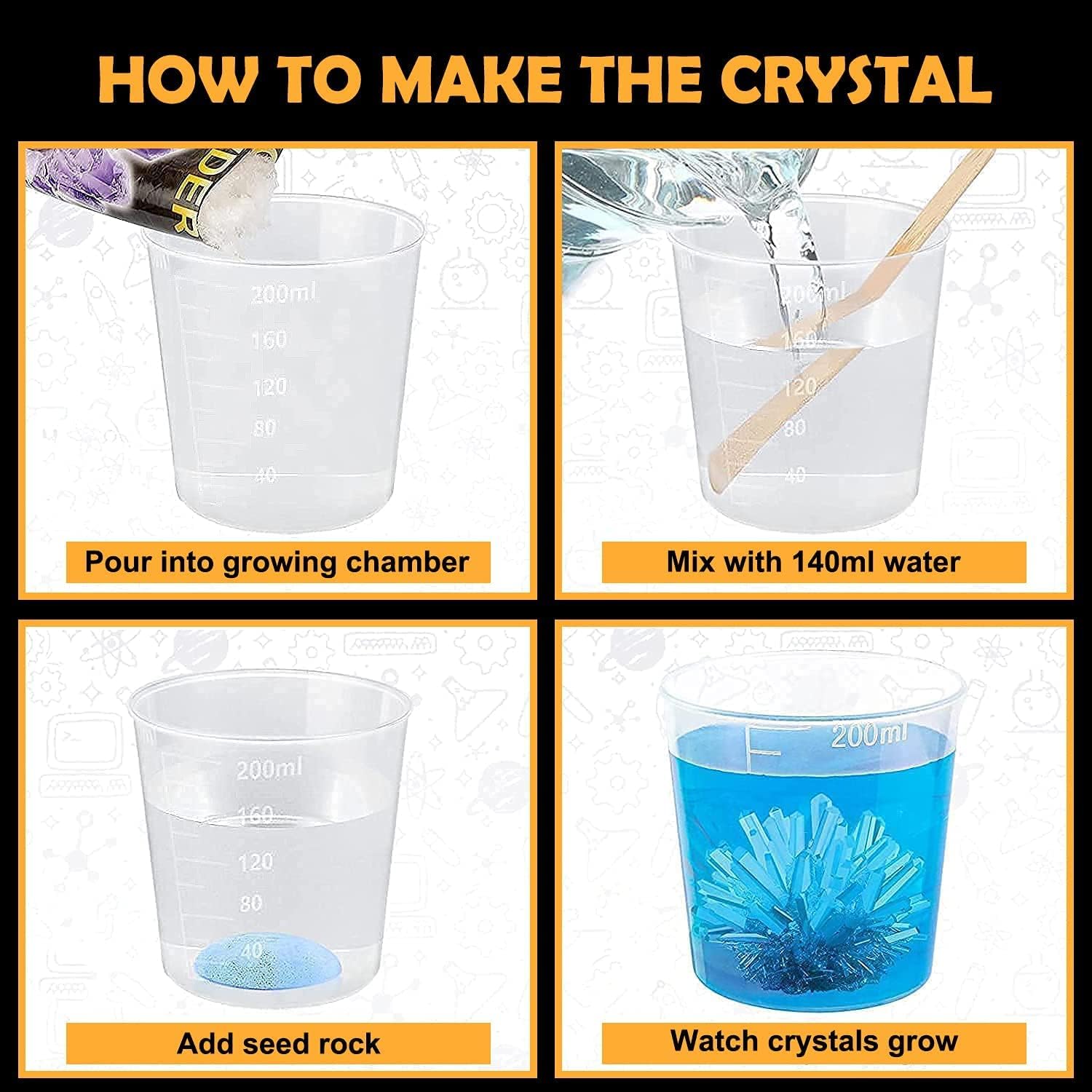 A four-panel image illustrating the steps to grow crystals: pouring powder, mixing with water, adding seed rock, and observing crystal growth.